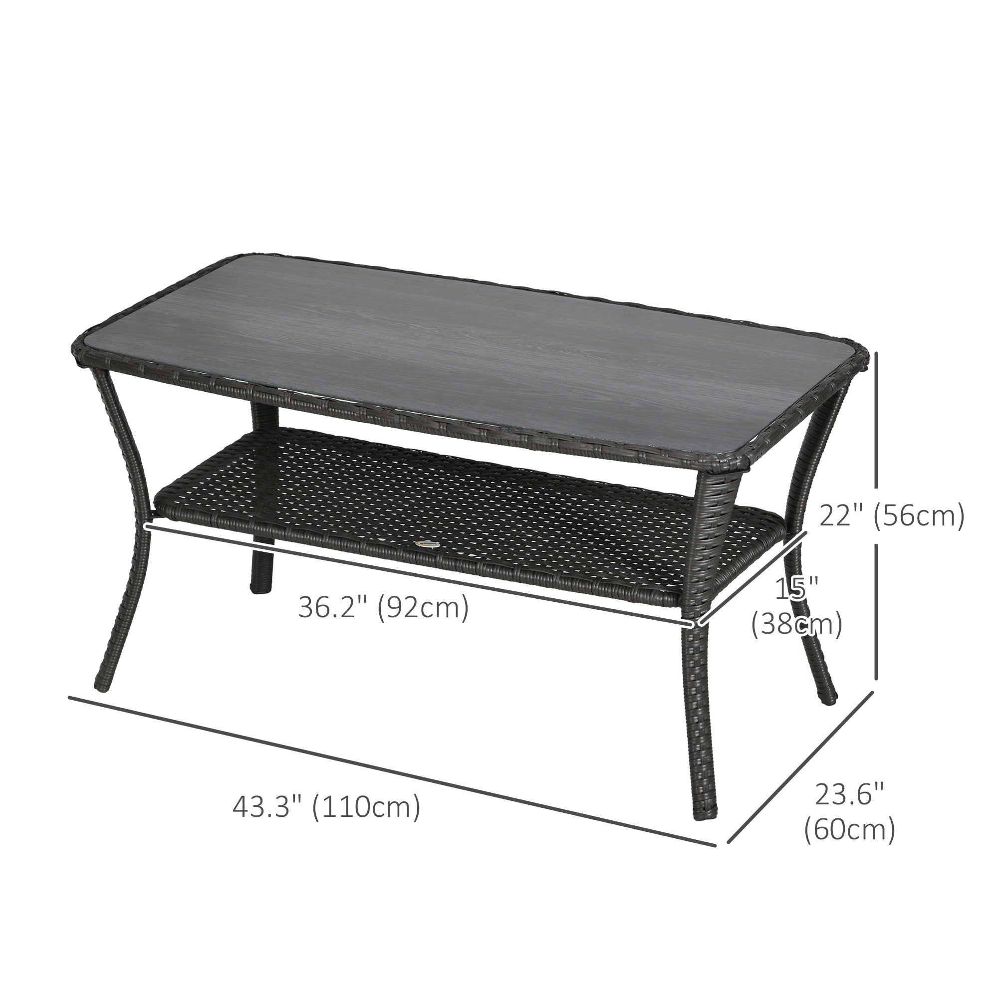 Outsunny Outdoor Coffee Table 43.3" x 23.6" Patio PE Rattan with Storage Shelf Wicker Side Table Glass Top Black 
