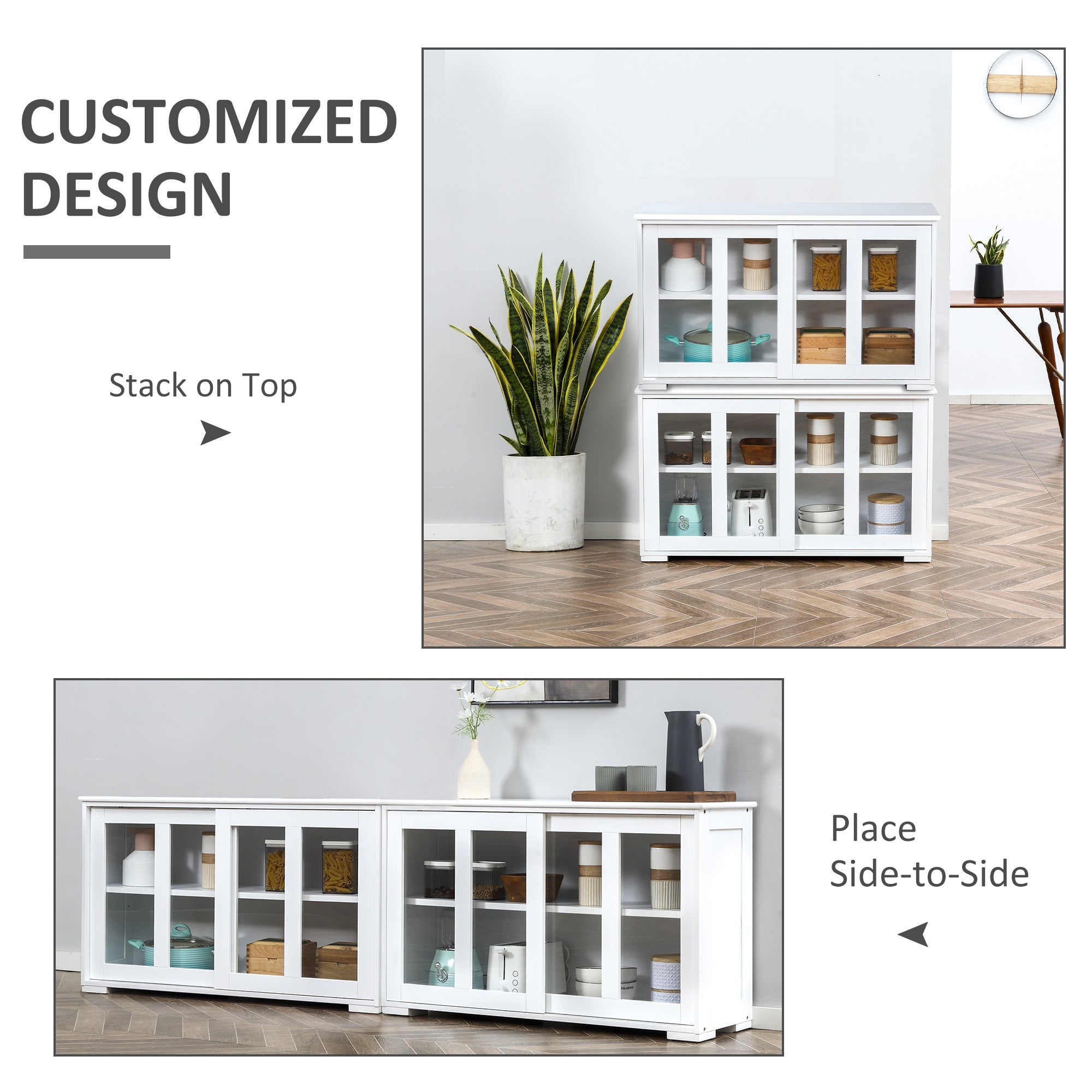 HOMCOM Modern Stackable Cabinet: Kitchen Sideboard Bar Cabinet, Glass Door Console, Cupboard Serving Buffet, Sleek White 