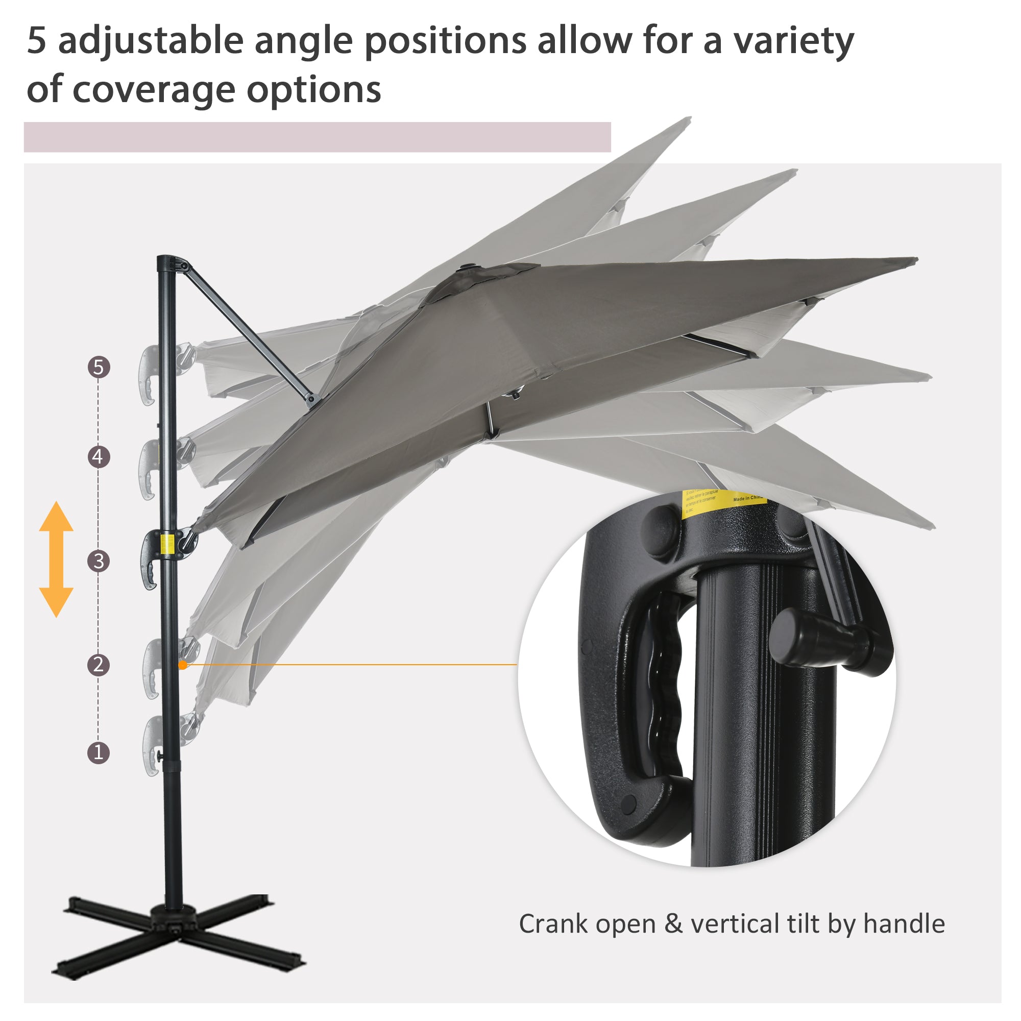 Outsunny 8' x 8' Square Patio Hanging Offset Umbrella with 360° Rotation, Aluminum Outdoor Cantilever Market Parasol, Light Grey 