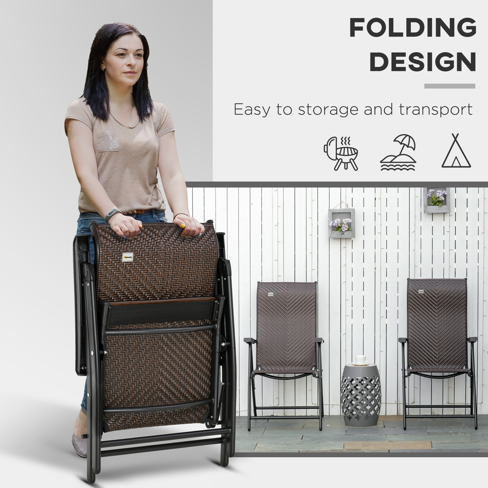 Outsunny 2PC Outdoor Rattan Folding Chairs Adjustable Backrest Patio Dining Armrests Red 