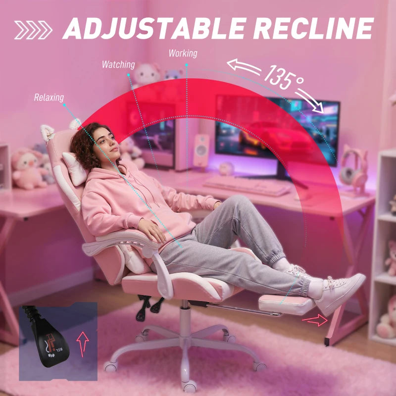 Cute Pink Gaming Chair with Cat Ears, Lumbar Support, Headrest & Footrest