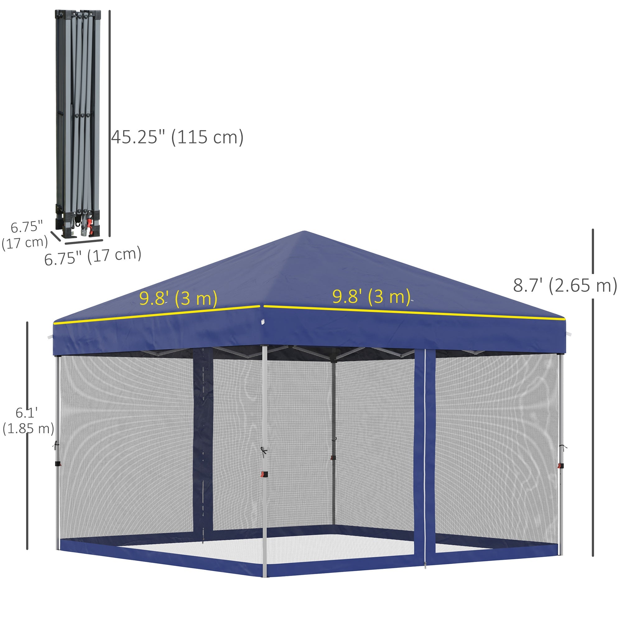 Outsunny 10' x 10' Pop-Up Party Tent Outdoor Canopy Tent with Mesh Sidewalls, 3-Level Adjustable Height, Roller Bag, Blue 