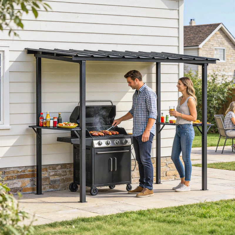 9' x 6' Hardtop Grill Gazebo, BBQ Gazebo with 2 Side Shelves and Galvanized Metal Slope Roof, Black