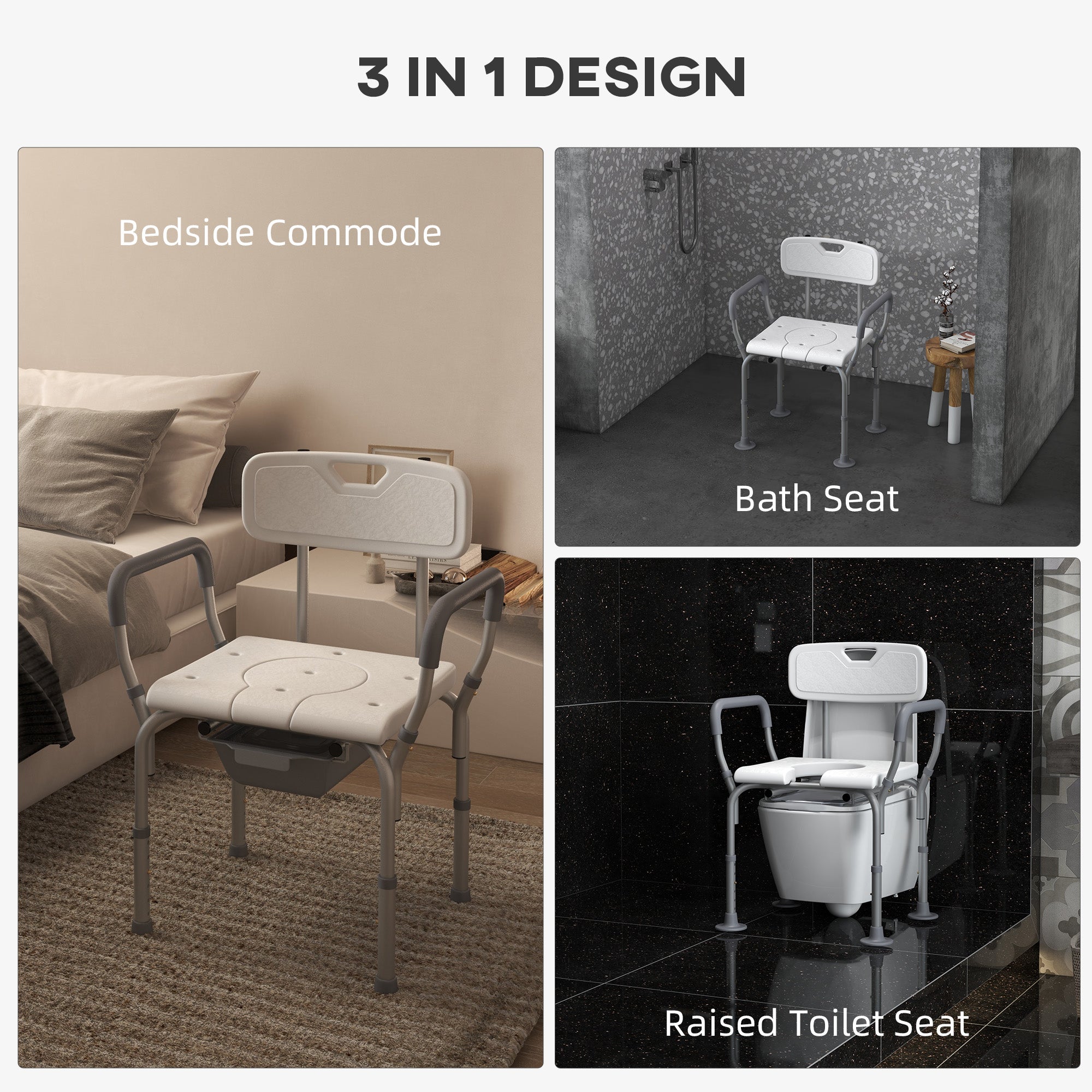 HOMCOM 3-in-1 Shower Chair with Back, Adjustable Bedside Commode, Raised Toilet Seat w/ Rubber Foot Pad for Seniors, Disabled 