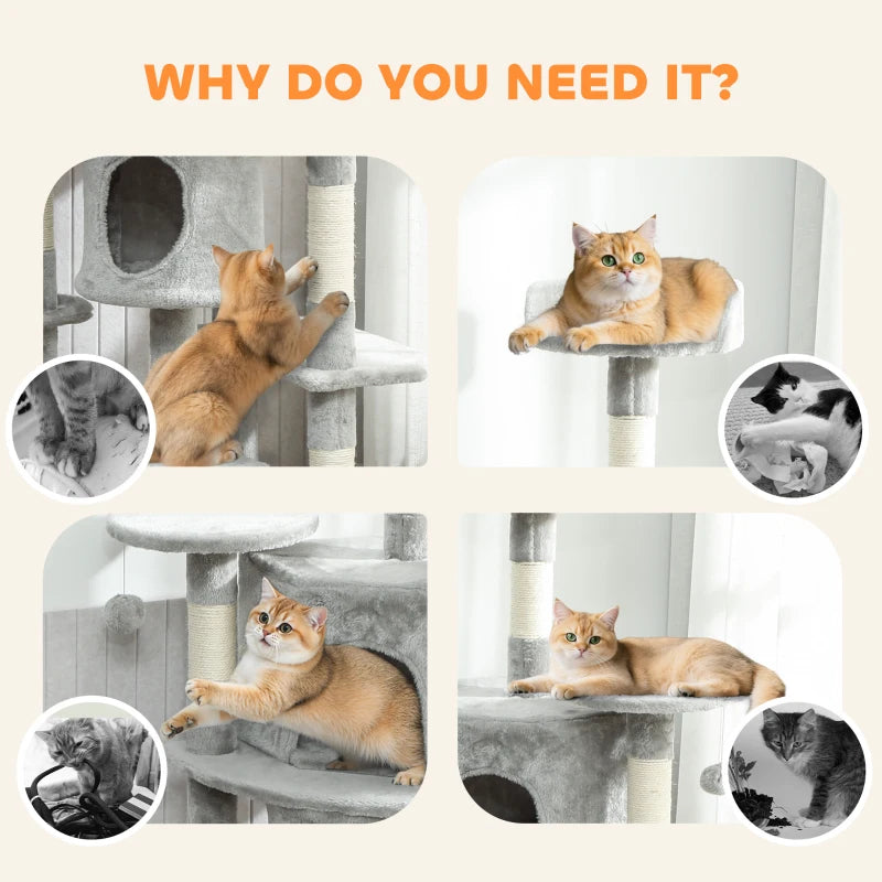62" Cat Tree with Scratching Post, 2 Condos, Hammock, Perches, Plush, Pompoms, for Indoor Cats, Light Grey