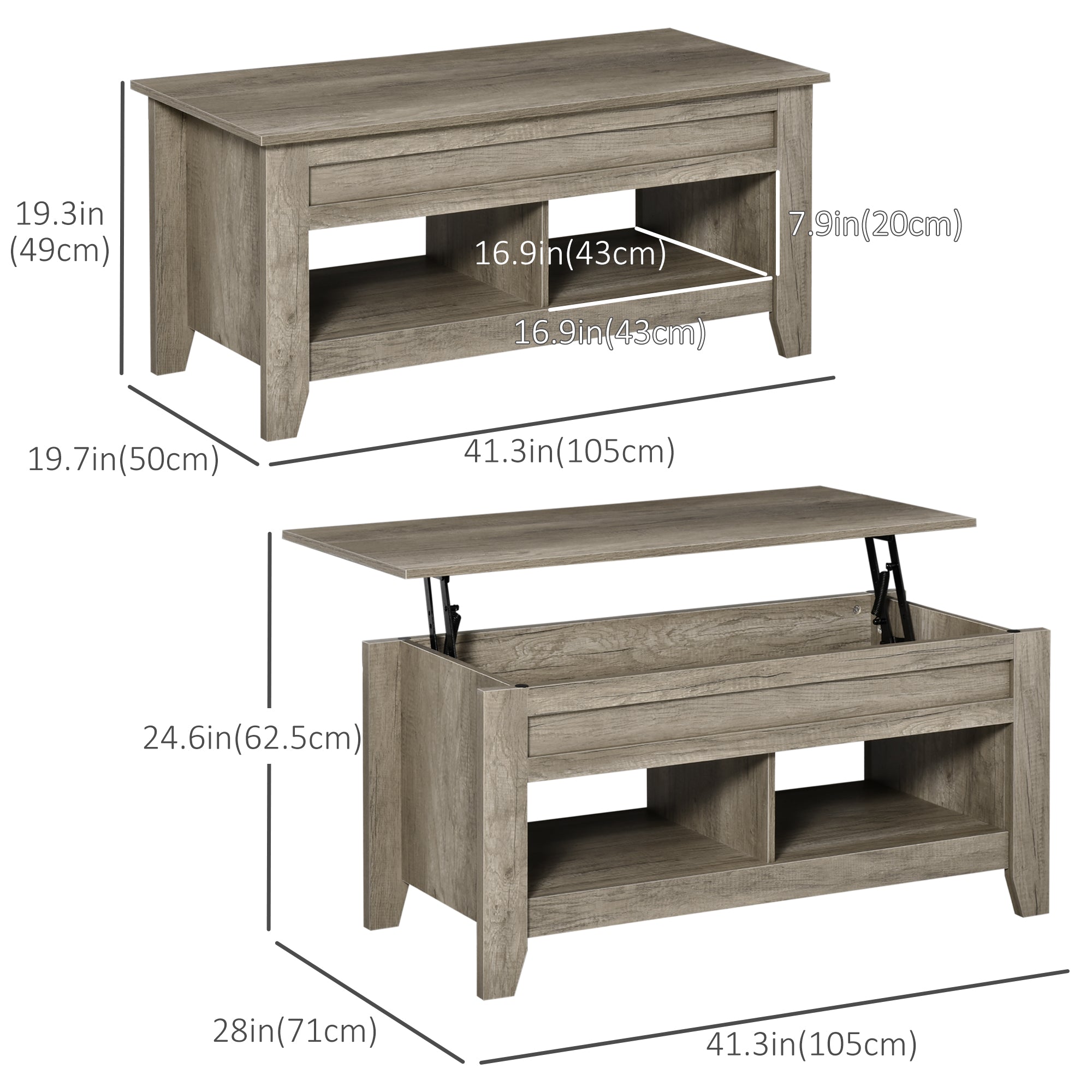 HOMCOM Lift Top Coffee Table with Hidden Storage and Open Shelves Oak Effect for Living Room 