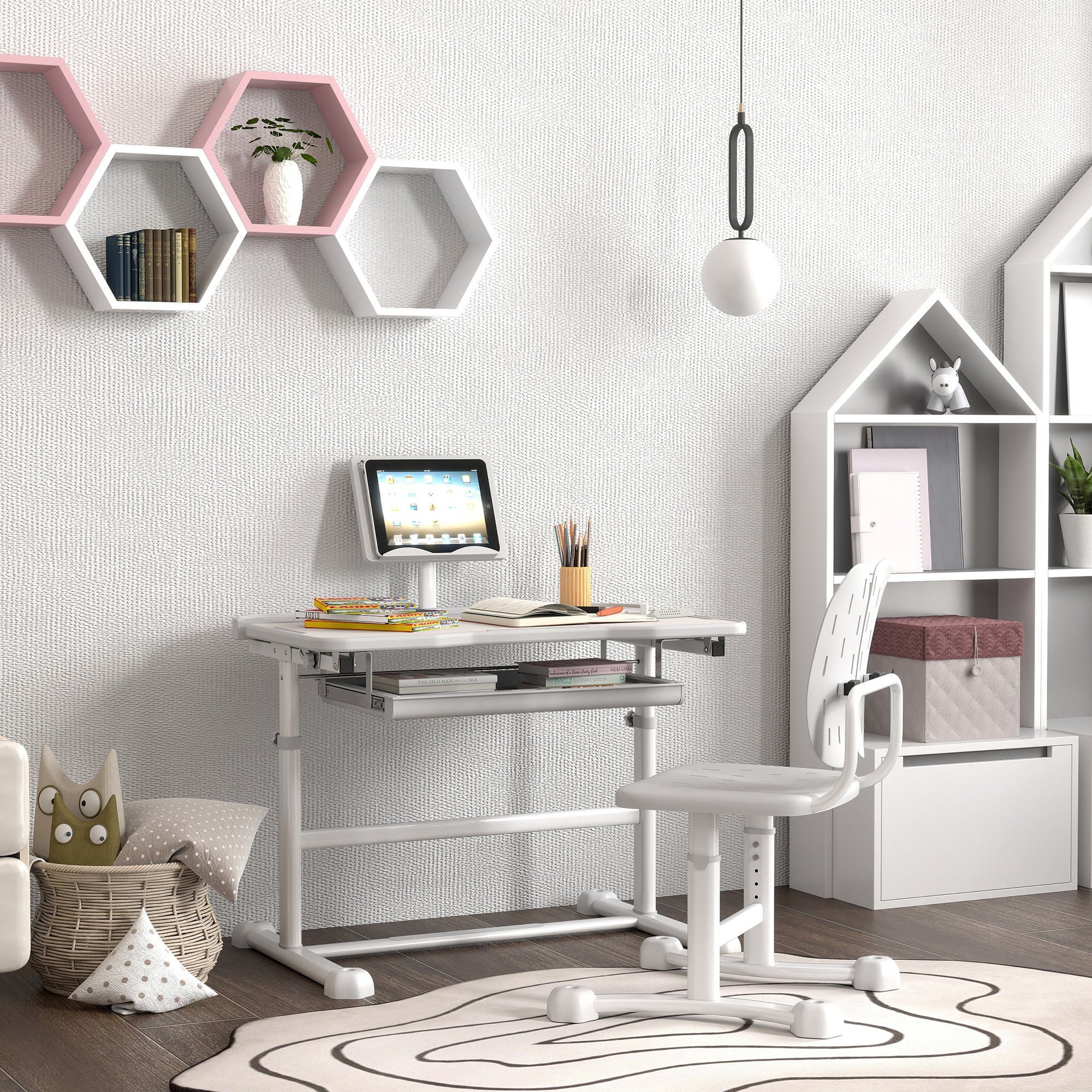 Qaba Height Adjustable Kids Desk and Chair Set with Tilt Desktop, Large Writing Board, Storage Drawer, Book Stand, Grey 