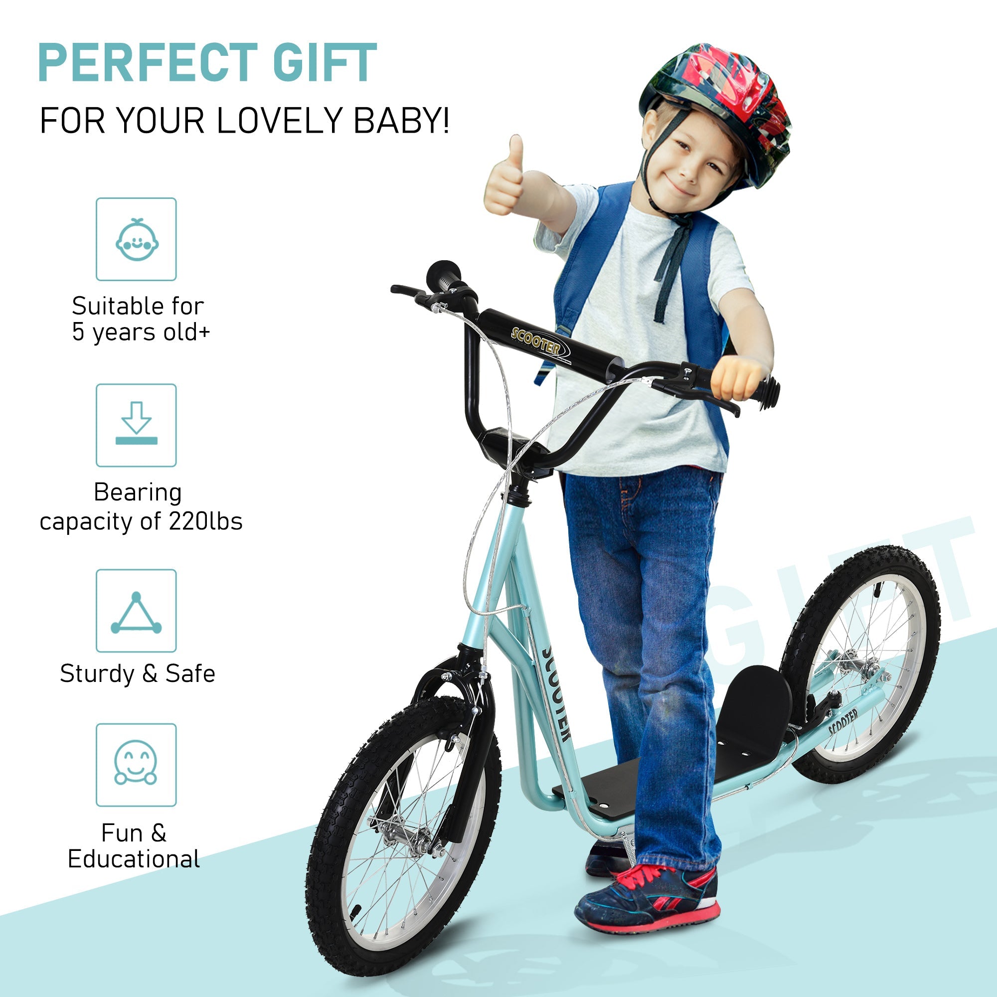 Qaba Adjustable Kids Kick Scooter: Handlebar, Dual Brakes, Inflatable Wheels, Blue 