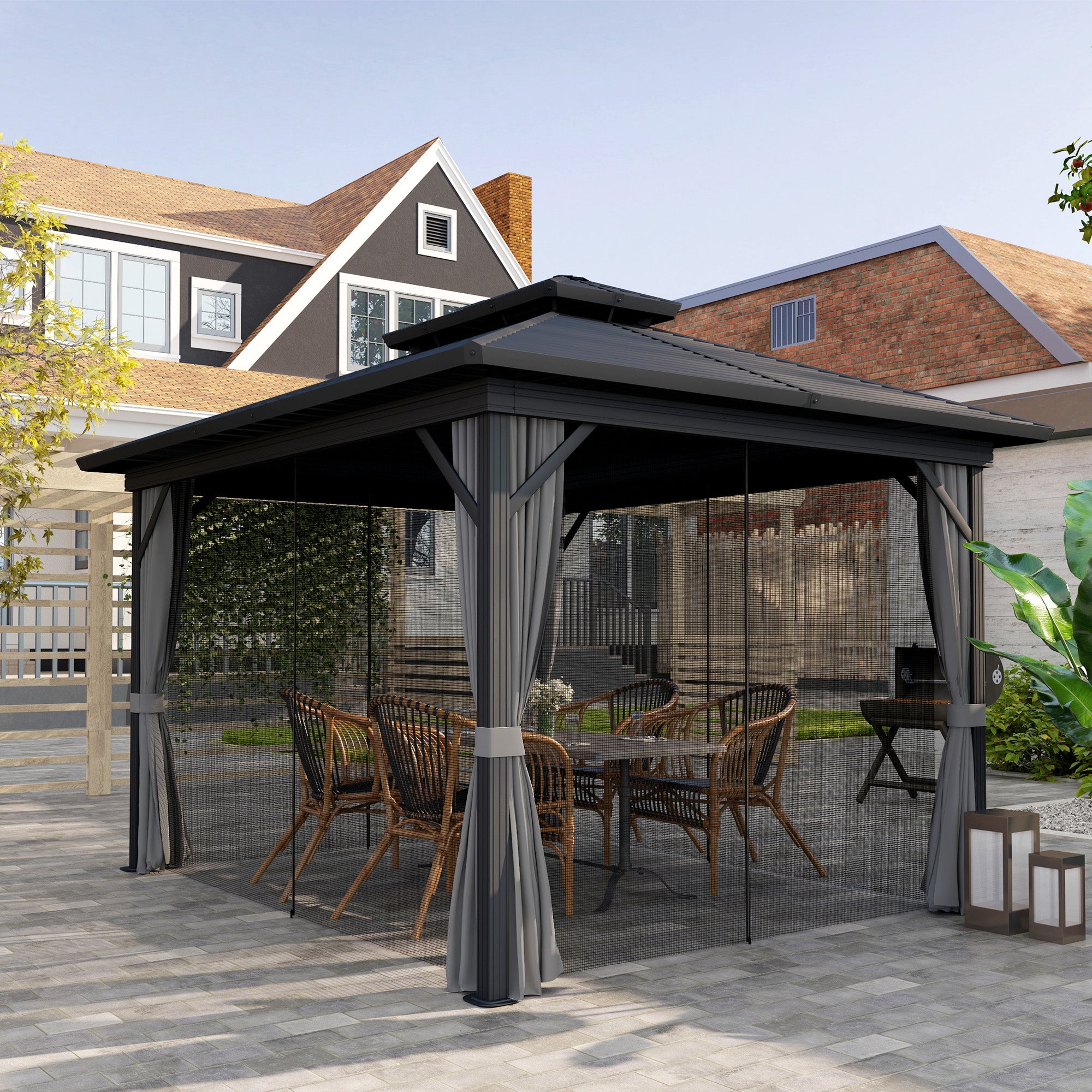 Outsunny 10 x 12ft Canopy Tent, Hardtop Gazebo with 2-Tier Metal Roof & Hanging Hooks for Outdoor Leisure, Light Grey 