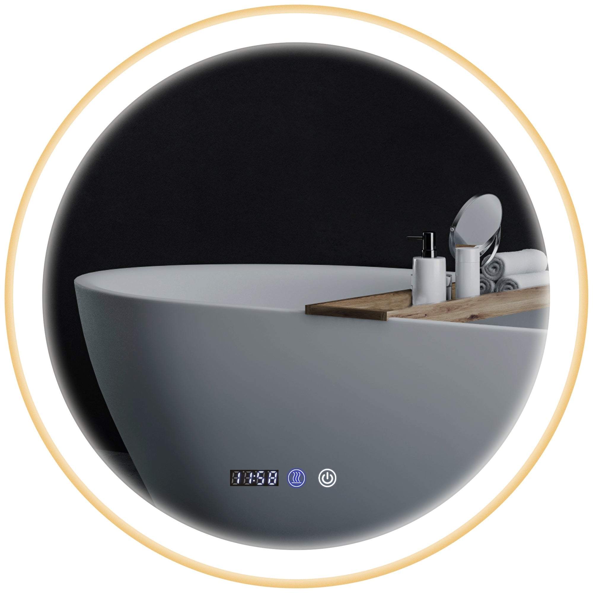 HOMCOM 24" Round Bathroom Mirror with LED Lights, Wall Mounted Vanity Mirror with Anti-Fog Pad, Time and Temp Display, Gold 