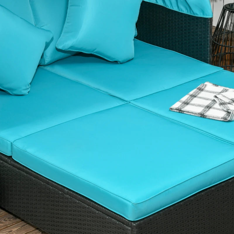 Patio Daybed, Outdoor Wicker Double Daybed, PE Rattan Sun Lounger for 2-Person with Cushions, and Foldable Awning, for Garden, Balcony, Poolside, Green