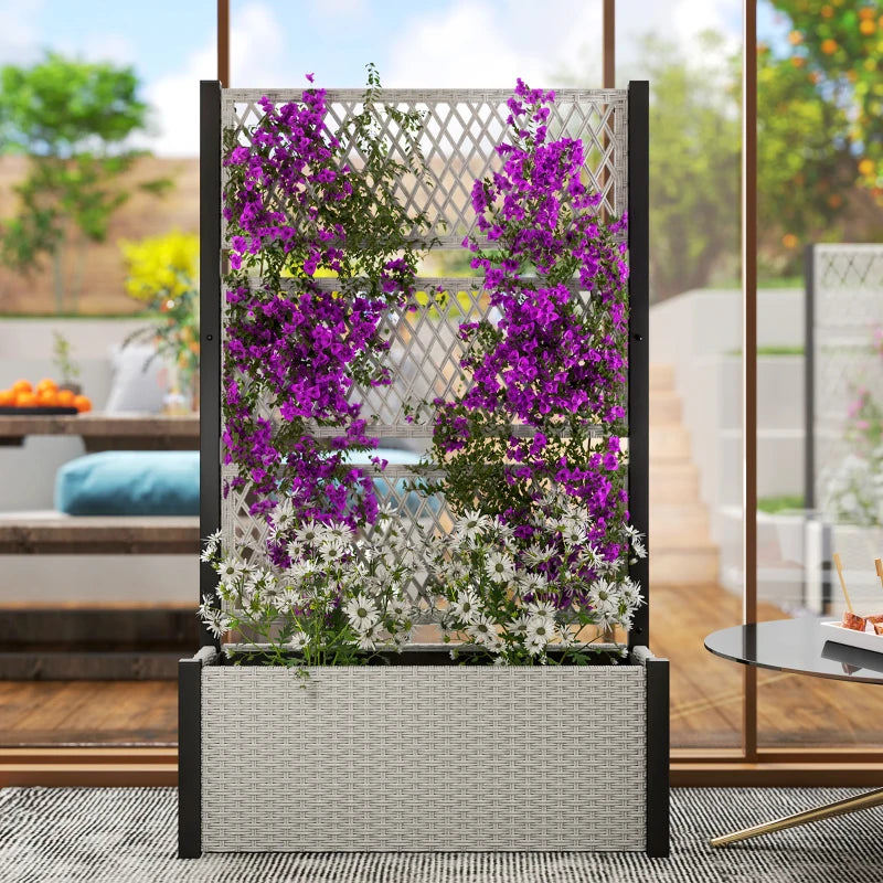 Wicker Outdoor Planter with Trellis, 58" Standing Garden Bed with Liner, Drainage Holes for Climbing Plants, Mixed Grey