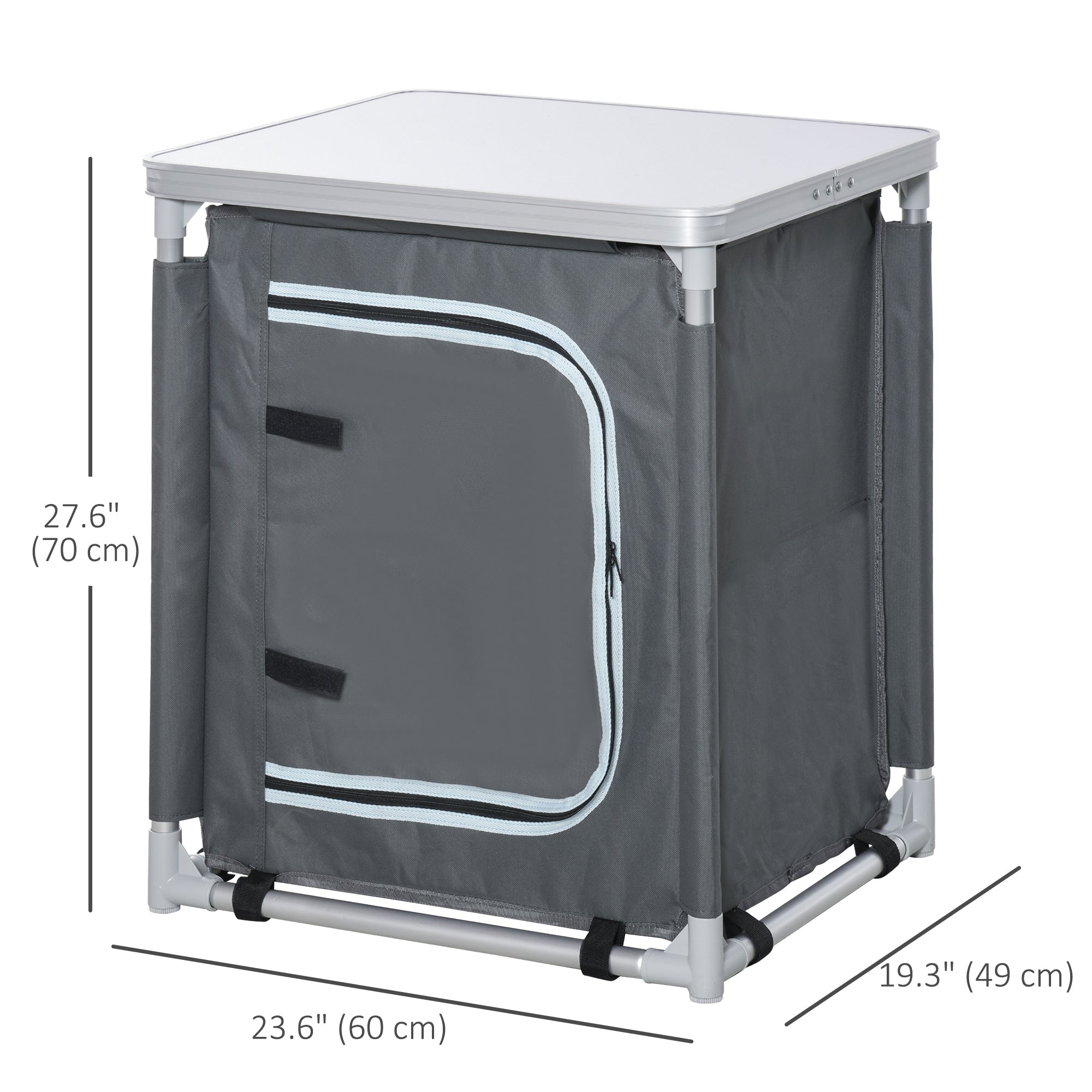 Outsunny Camping Kitchen Station, Aluminum Camping Table Cook Cupboard with 2-Shelf and Carrying Bag for BBQ Party Picnics, Grey 