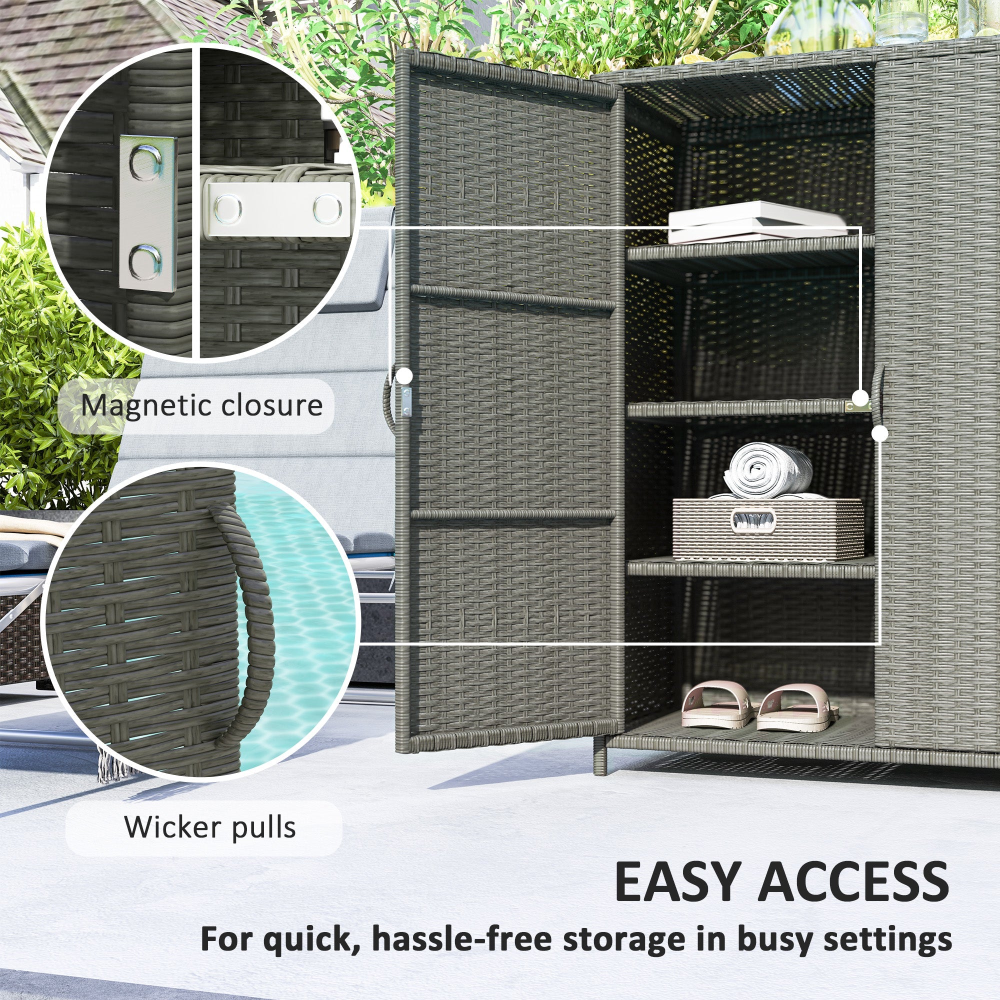 Outsunny Wicker Outdoor Storage Cabinet, Pool Storage Organizer with 4 Shelves and 2 Doors for Garden, Backyard, Dark Grey 