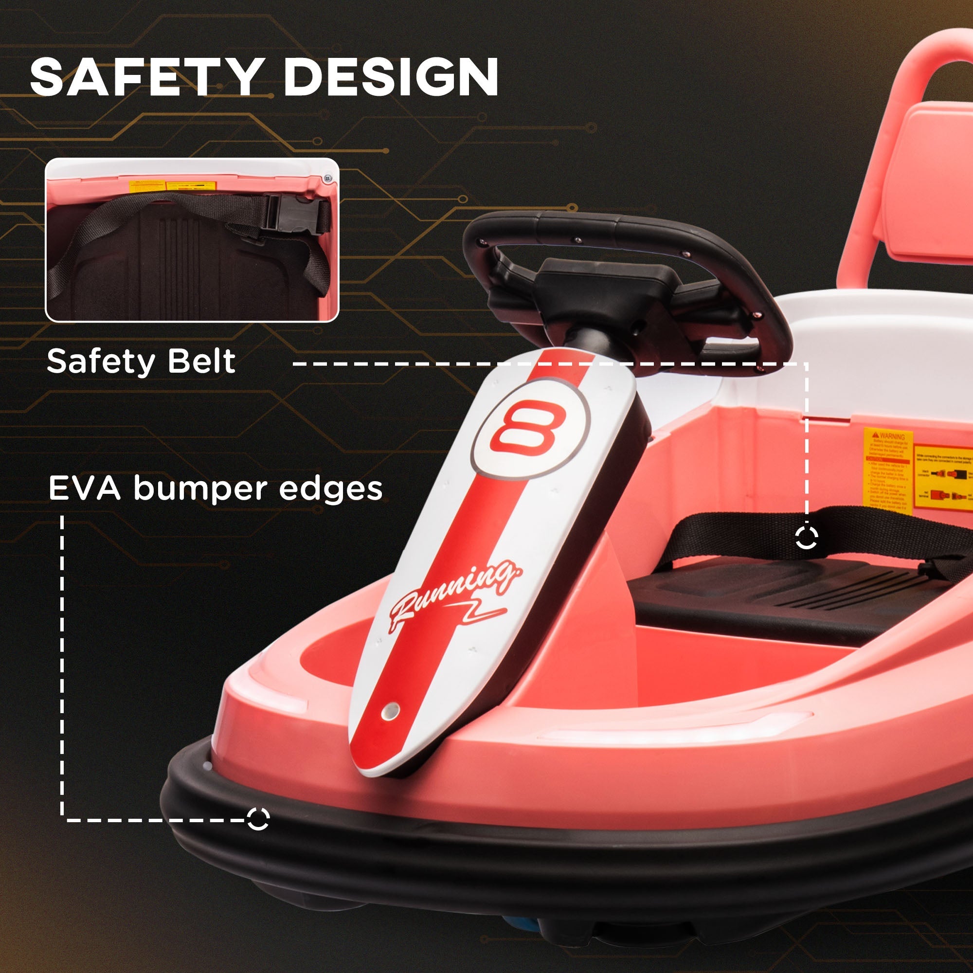 Aosom Kids Bumper Car, 6V 360° Rotation Electric Ride on Car, Twin Motors Battery Powered Toy, Horn and Lights, Safety Belt - Pink 