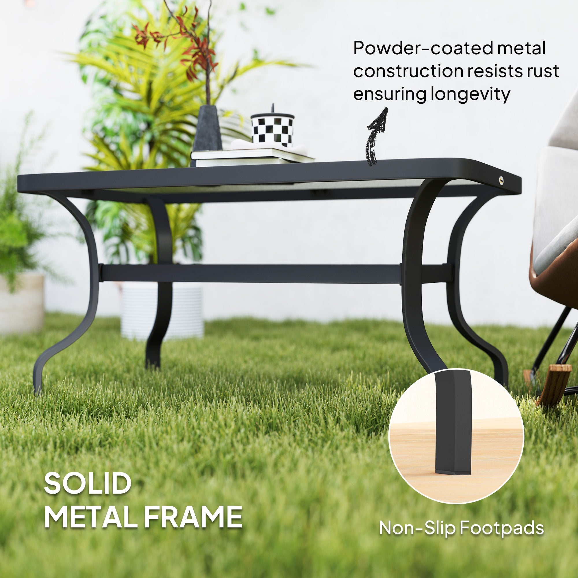 Outsunny 37" Patio Coffee Table with Tempered Glass Top, Outdoor Coffee Table with Metal Frame, Black 