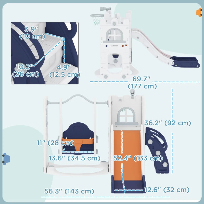 Qaba 6-in-1 Slide and Swing Set Baby Swing Playset Indoor with Basketball Hoop, Climber, Storage Space, Telescope, Orange