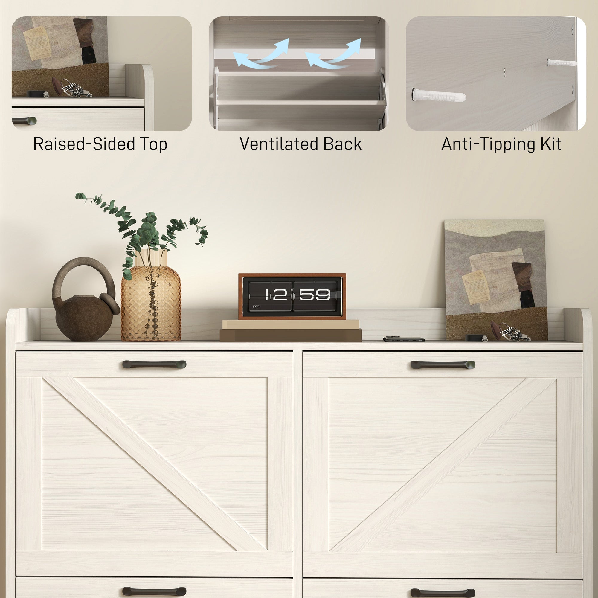 HOMCOM Narrow Shoe Storage Cabinet with 4 Flip Drawers, Adjustable Shelves, 16 Pair Farmhouse Shoe Cabinet, White Oak 