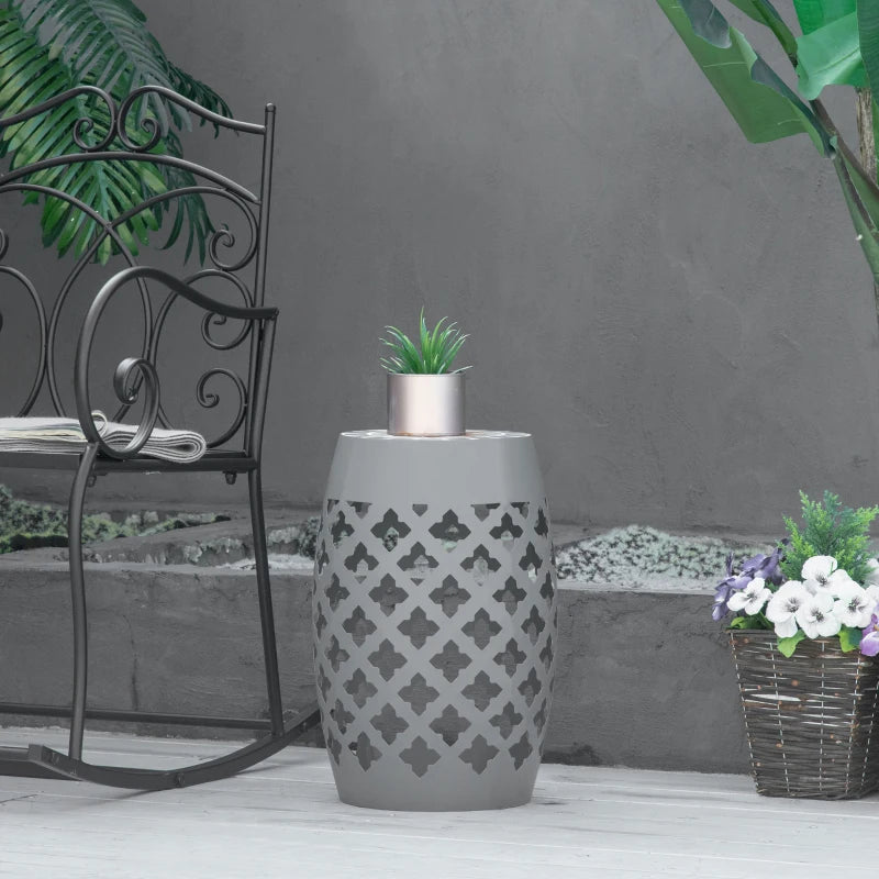 Ceramic Decorative Garden Stool, 12" Drum Outdoor Stool Side Table Plant Stand for Outdoor Indoor, Grey