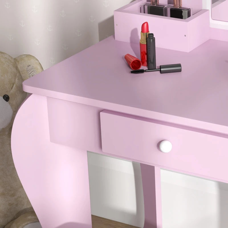 Qaba Makeup Vanity with Mirror and Stool, Cloud Design, Drawer, Storage Boxes, for 3-6 Years Old, Pink