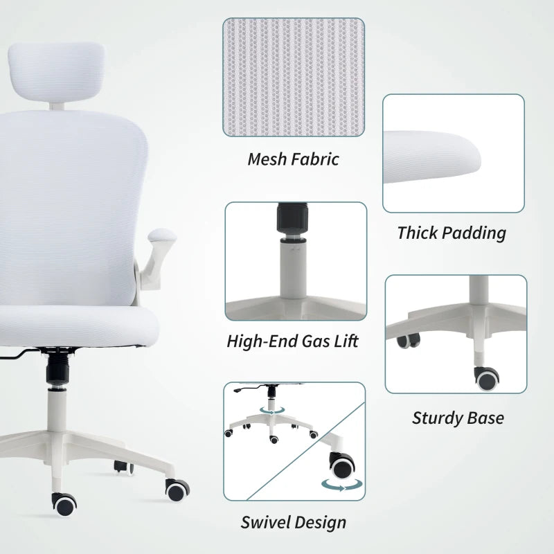 Office Chair, Mesh Computer Desk Chair with Adjustable Headrest, 4D Lumbar Support, Flip-up Arm, White