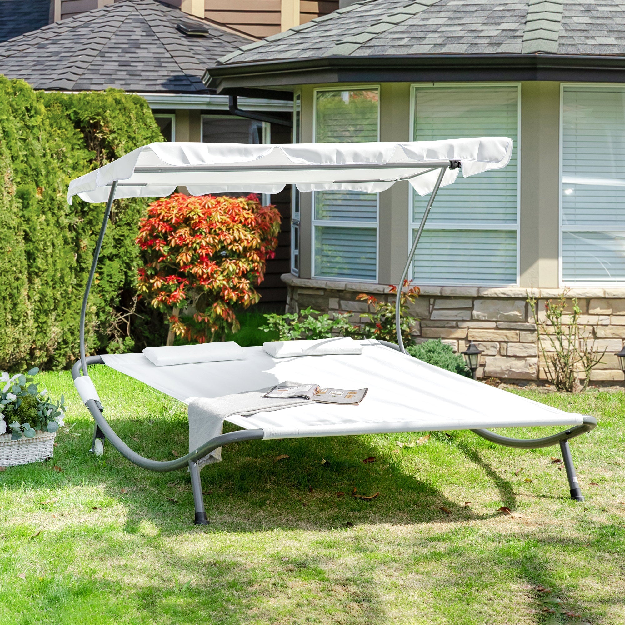 Outsunny Patio Double Chaise Outdoor Lounge Bed with Canopy and Headrest Pillow Cream White 