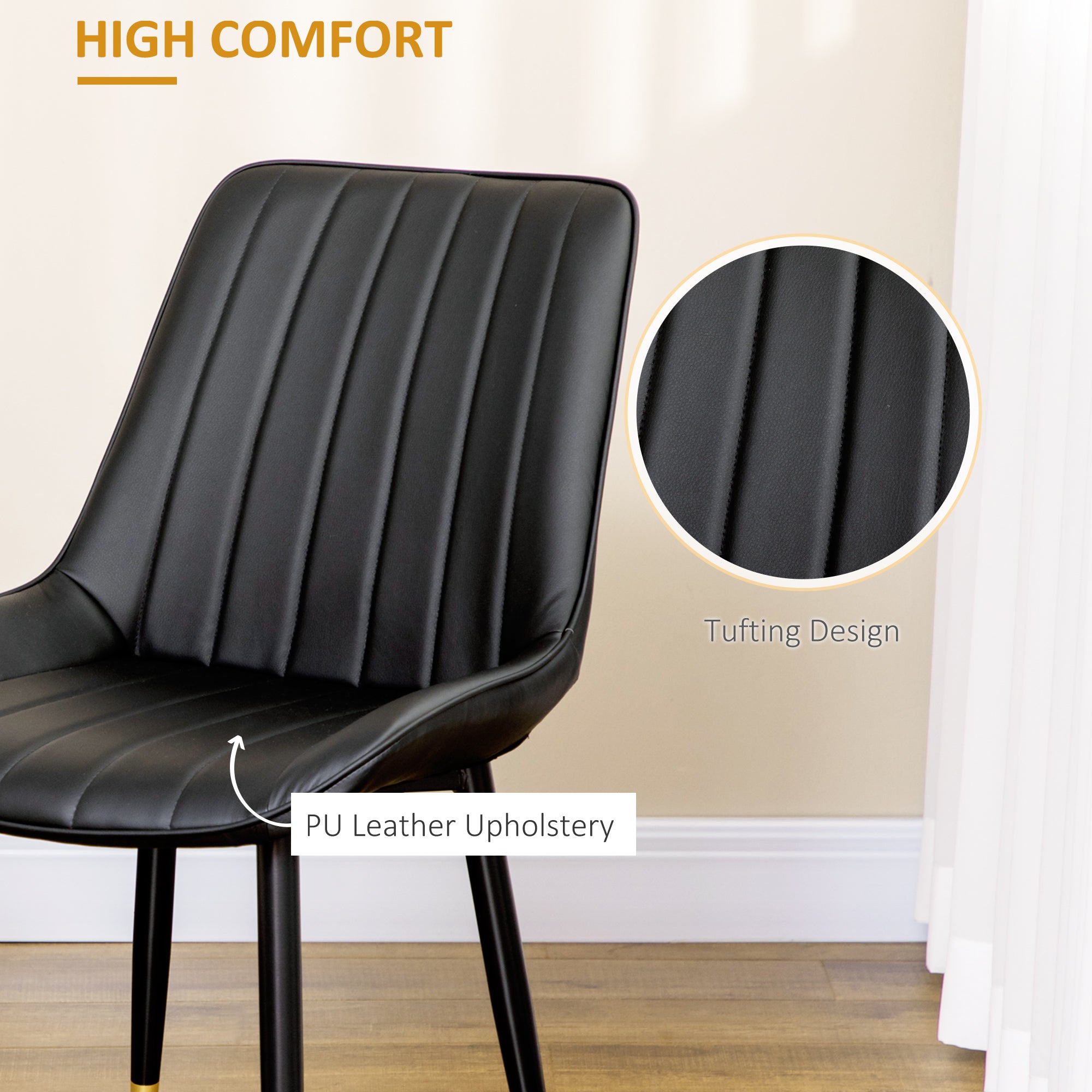 HOMCOM Dining Chair Duo: Modern Kitchen Black PU Leather Upholstery, Steel Legs for Living Room, Bedroom 