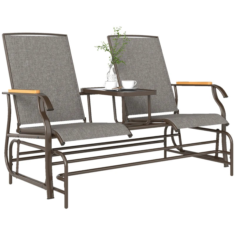 Outdoor 2-Person Glider Bench, Outside Swing Glider Chair Loveseat with Breathable Mesh, Table, Steel Frame