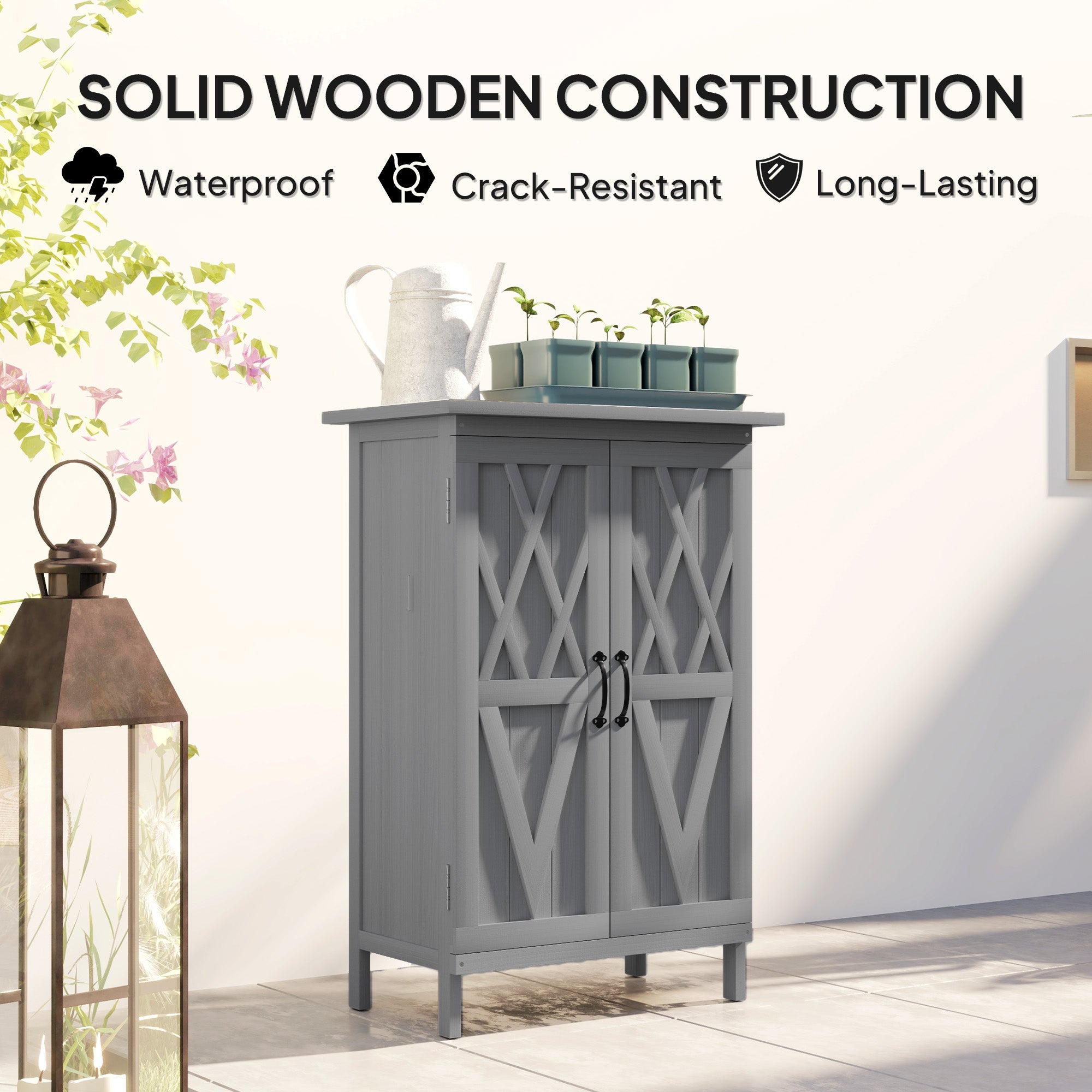 Outsunny Outdoor Storage Cabinet, Wooden Garden Storage Shed with 2-Tier Shelves, Metal Tabletop and Magnetic Doors, Grey 