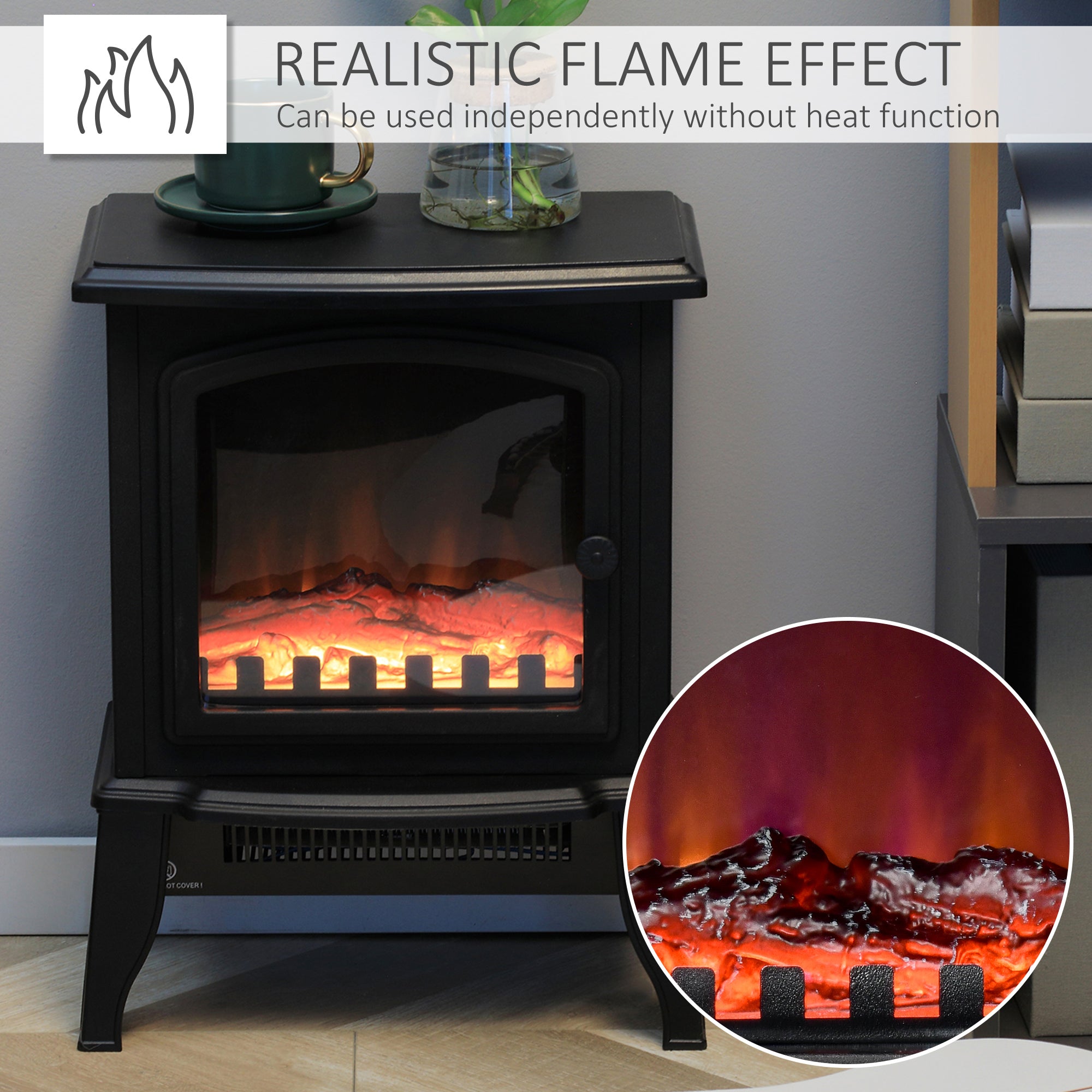 HOMCOM Electric Fireplace Heater, Freestanding Fireplace Stove with Realistic Flame Effect, 750 with 1500W, Black 