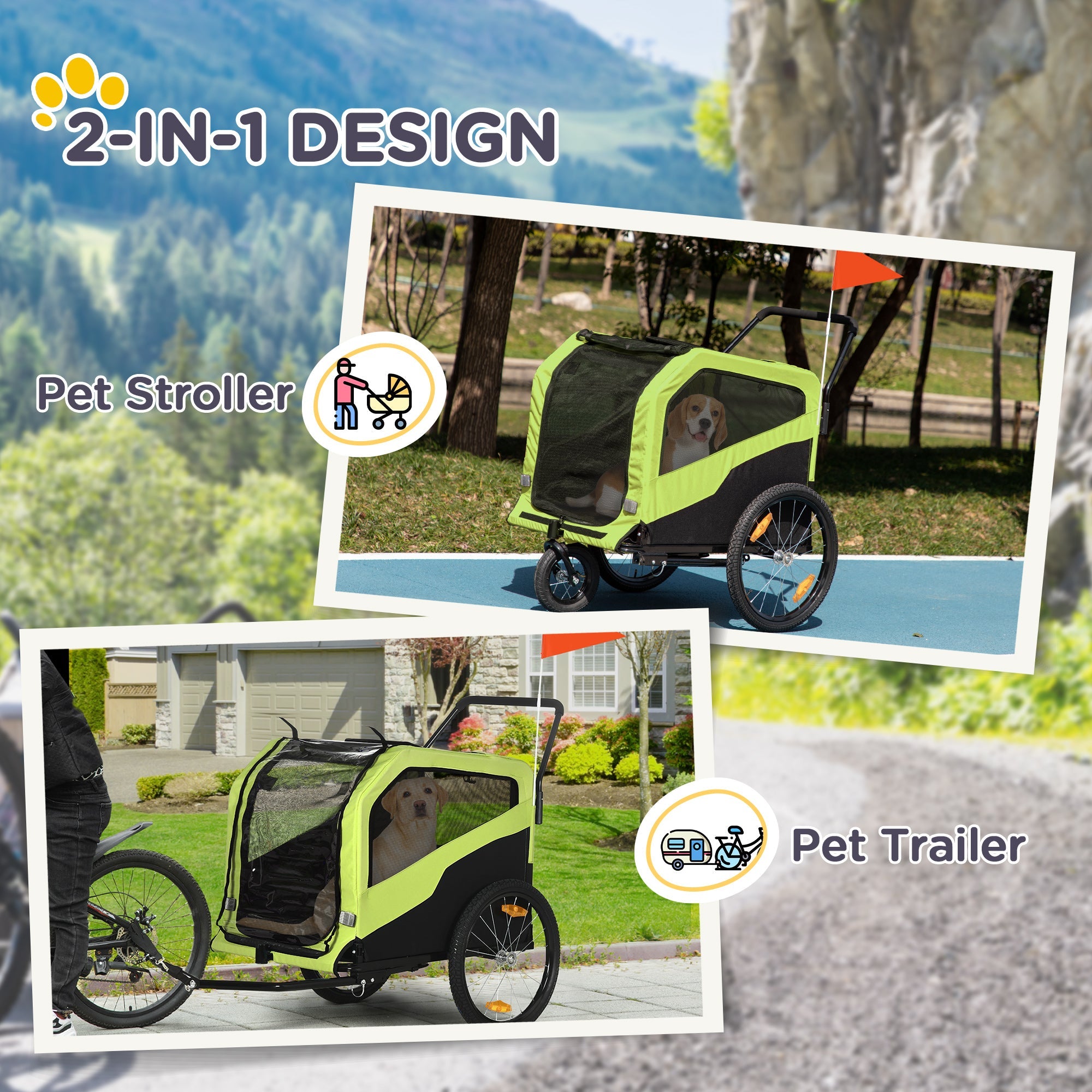 Aosom 2-in-1 Large Green Dog Bike Trailer Pet Carrier Stroller for Cycling Outdoor Travel 