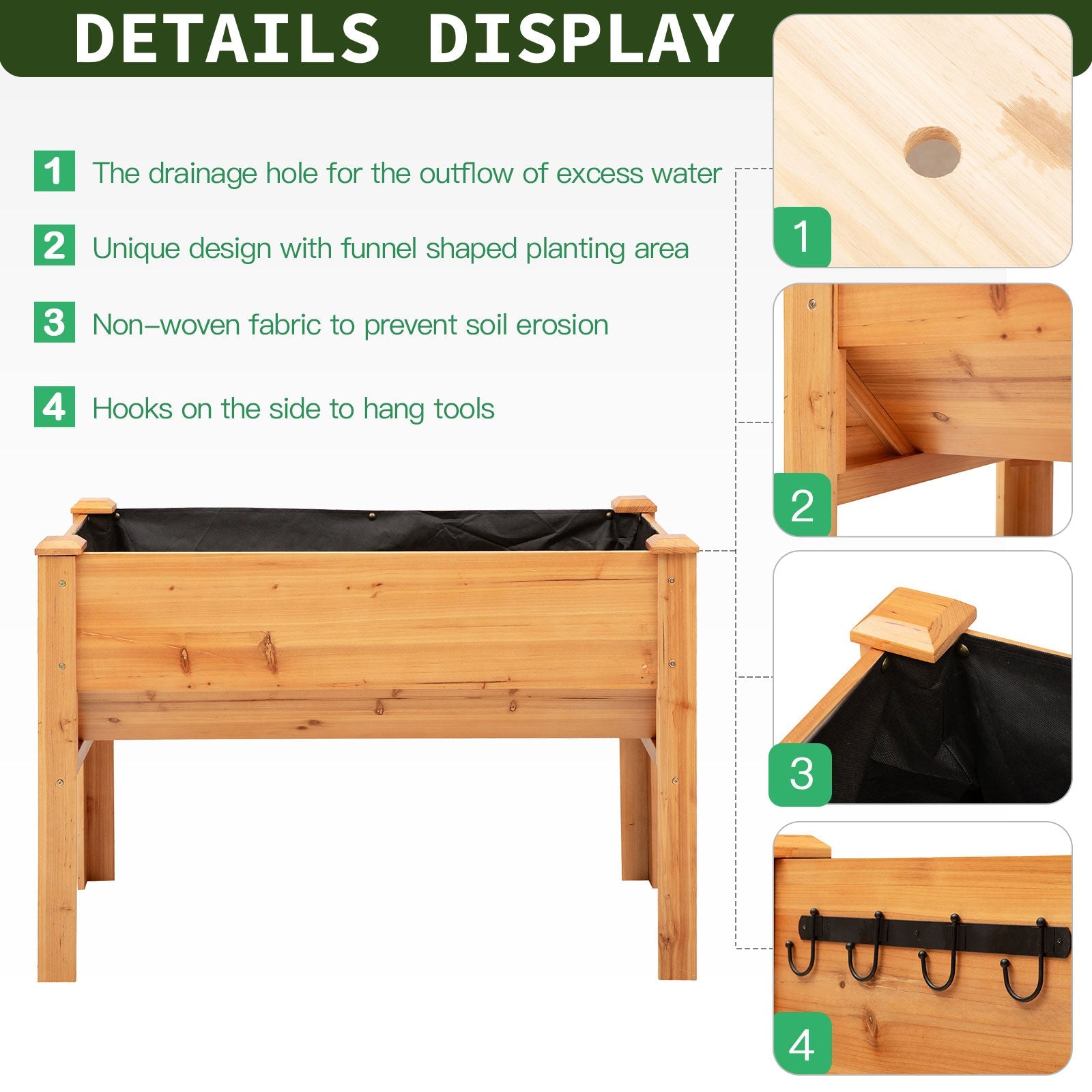 Outsunny Wooden Raised Garden Bed Tall Outdoor Plant Stand Flower Box with Hooks Natural Wood 