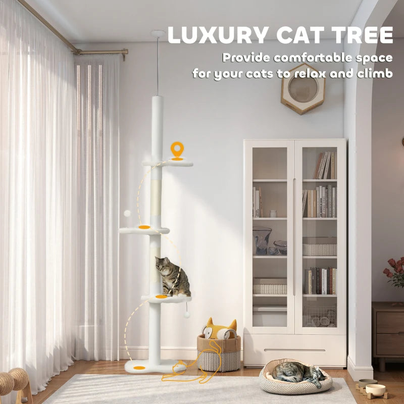 88.5"-100.5" Floor to Ceiling Cat Tree, Cat Tower with Scratching Posts, Cloud Shaped Platforms, Dangling Balls, Cream