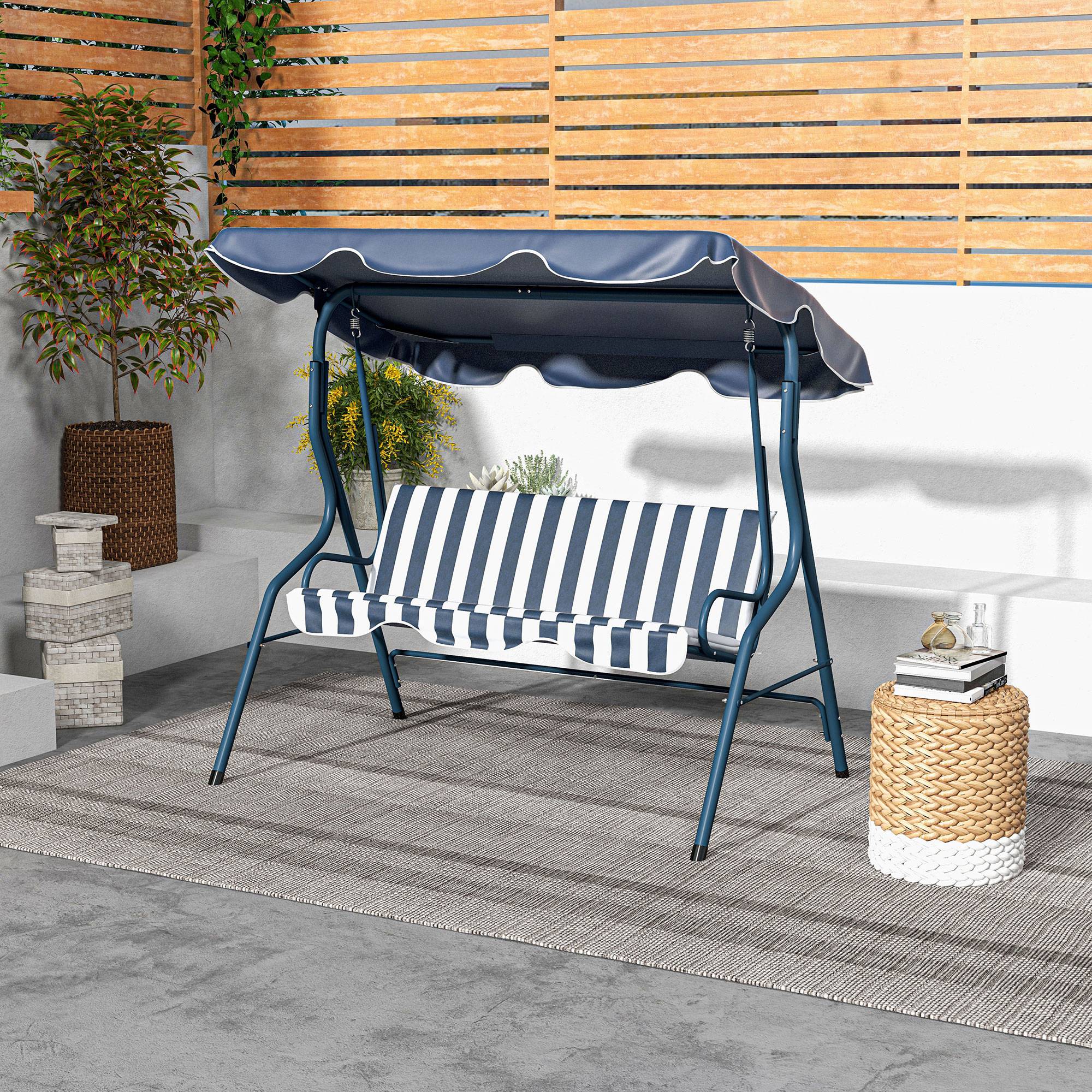 Outsunny 3-Seater Patio Swing Chair Outdoor Porch Swing with Adjustable Canopy Cushion Blue 