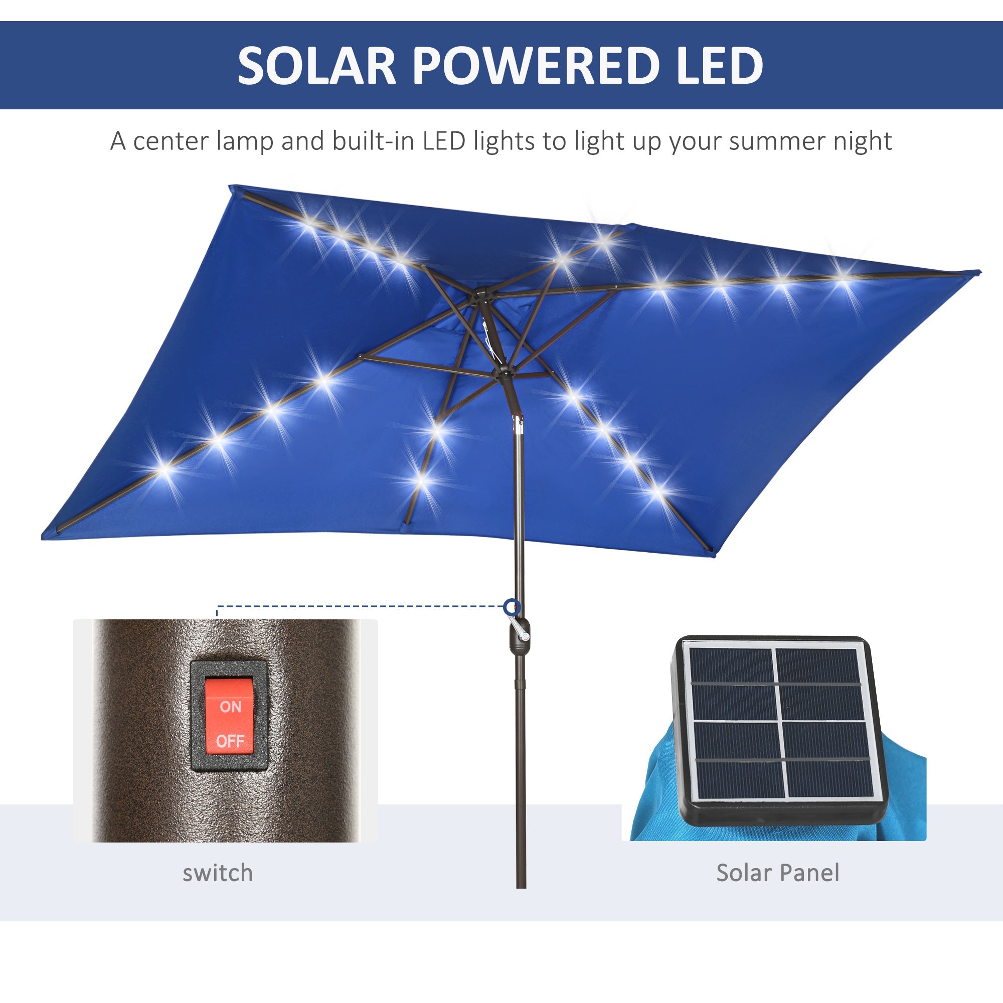Outsunny 6.5x10ft Rectangle Solar LED Patio Umbrella: Aluminum Tilt Outdoor Market Parasol, Dark Blue 