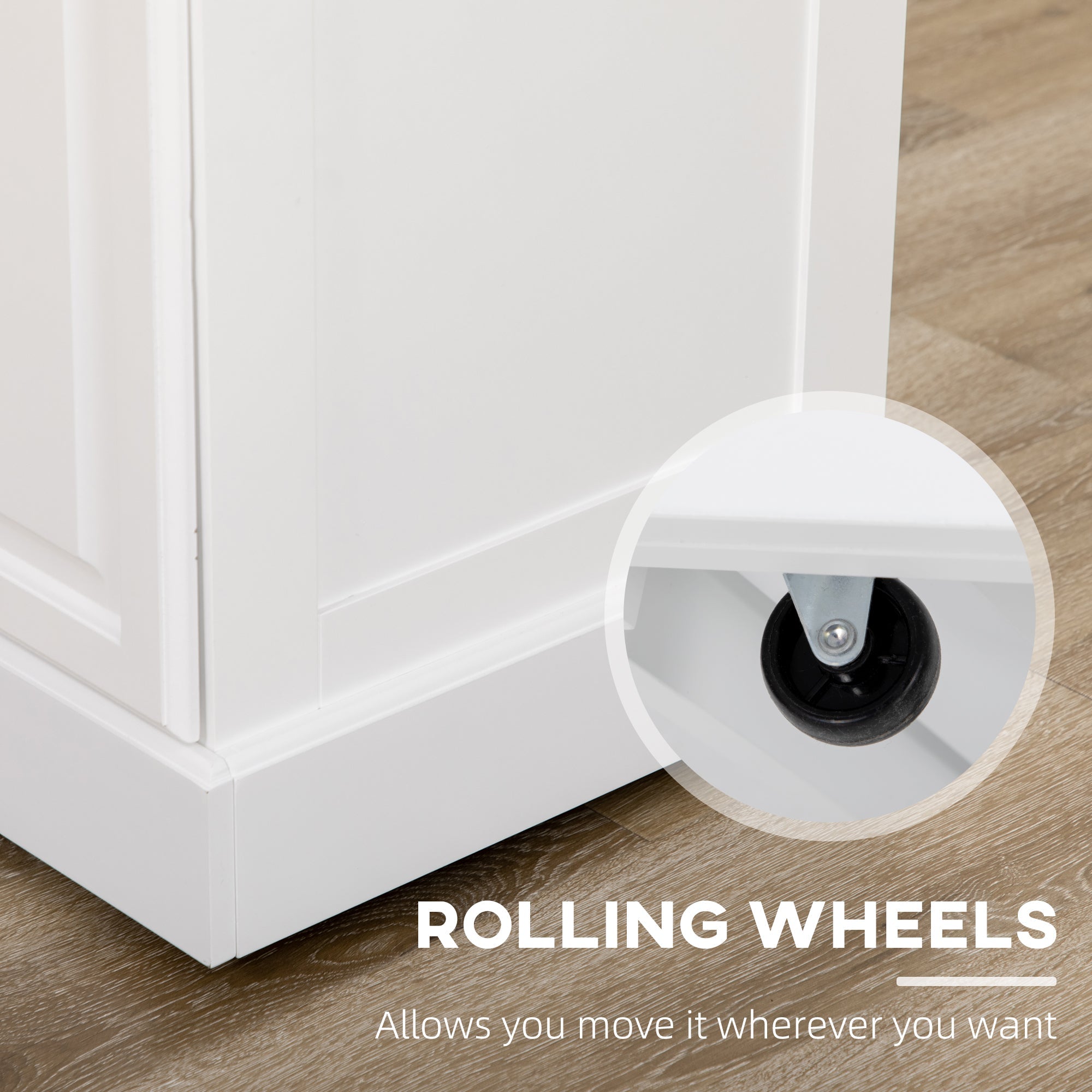 HOMCOM Classic Rolling Kitchen Cart: White Island with Rubber Wood Top, Towel Rack, Drawer & Cabinet Storage 