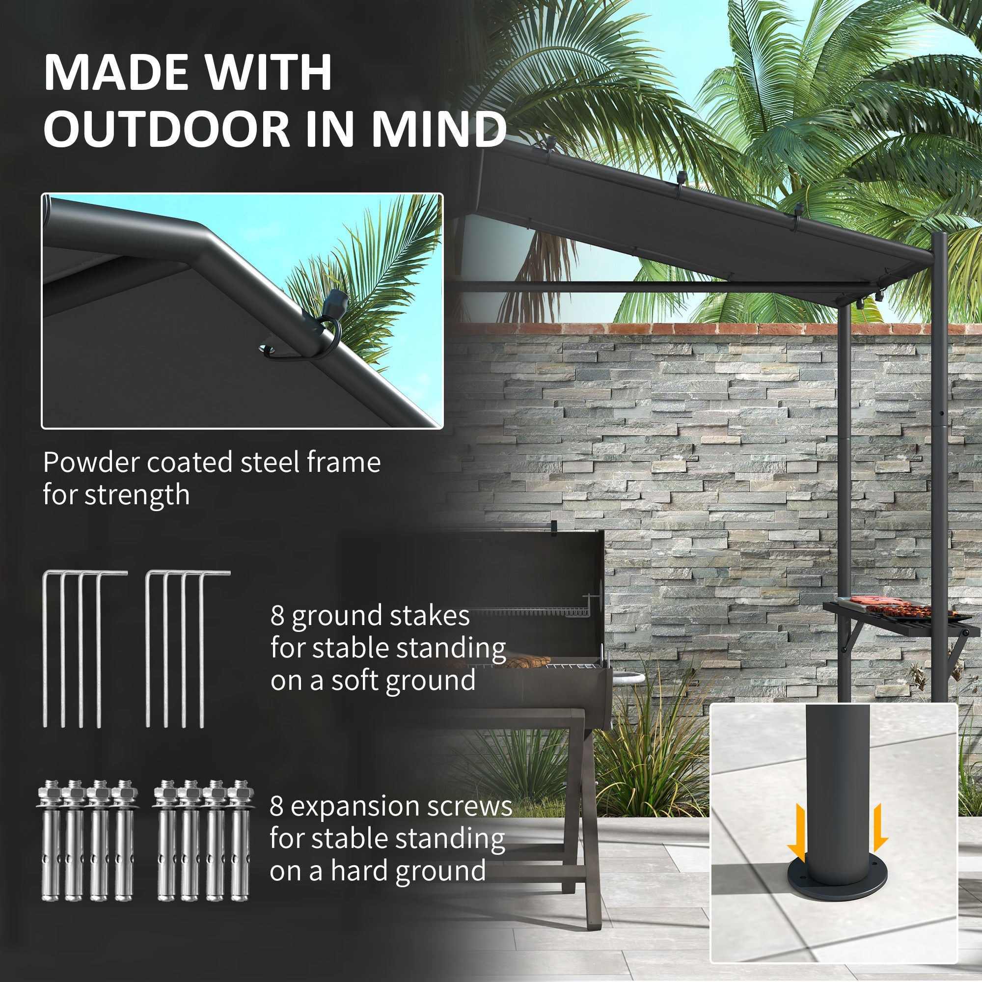 Outsunny 9' x 5' BBQ Grill Gazebo Tent, Garden Grill Canopy Outdoor Grill Shelter w/ Steel Frame and Serving Shelves, Dark Grey 