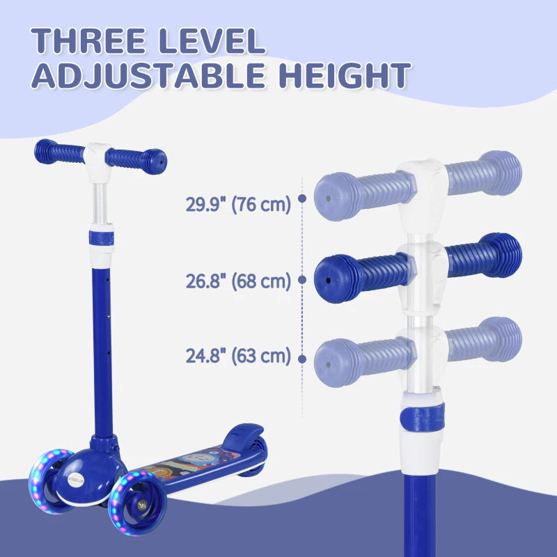 Qaba 3 Wheel Kids Scooter, Toddler Kick Scooter with Adjustable Height, Rear-Fender Brake, LED Light, TPE Handlebar, Blue