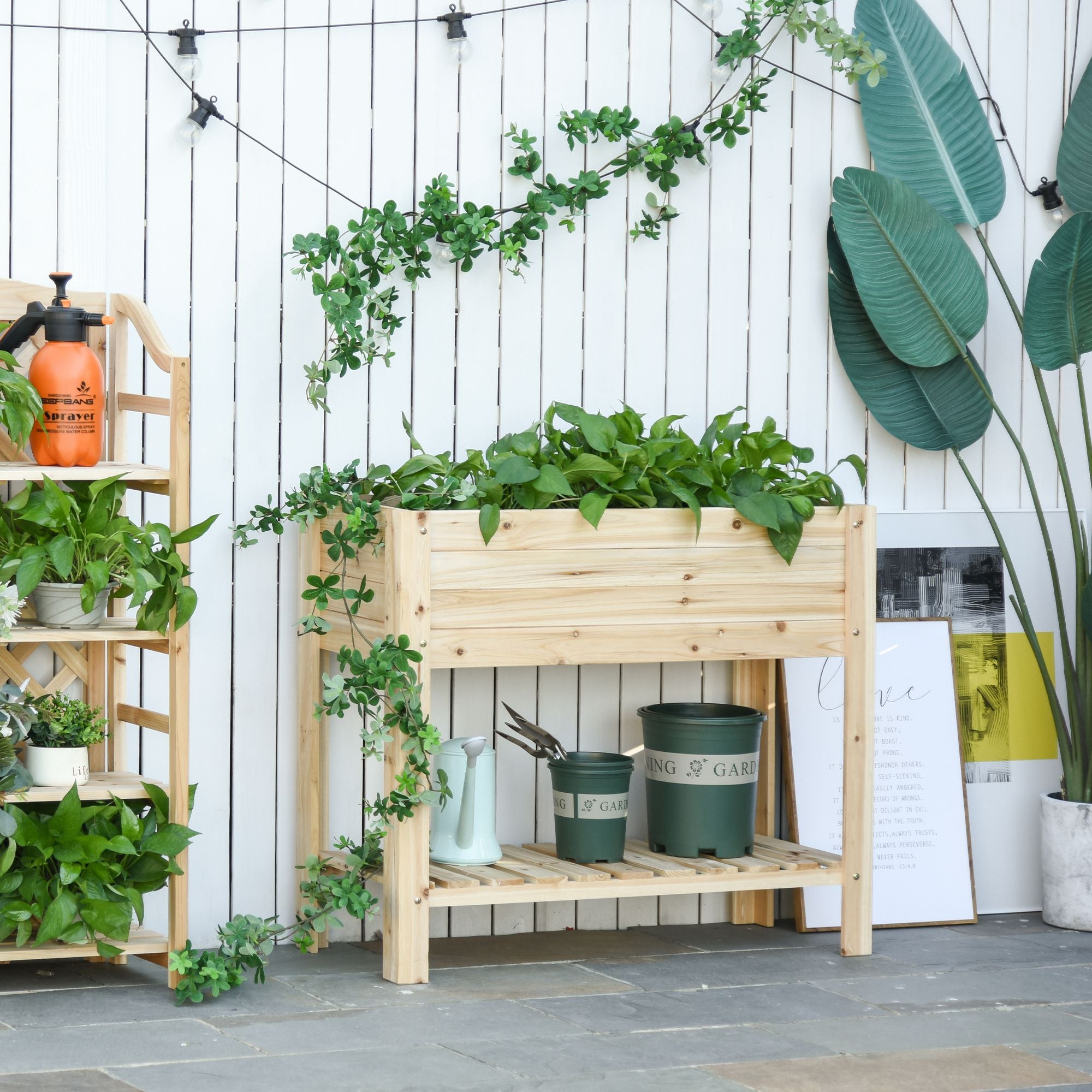Outsunny Raised Garden Bed with Legs, Elevated Box Planter with Storage Shelf, Bed Liner for Backyard Patio, Natural Wood 