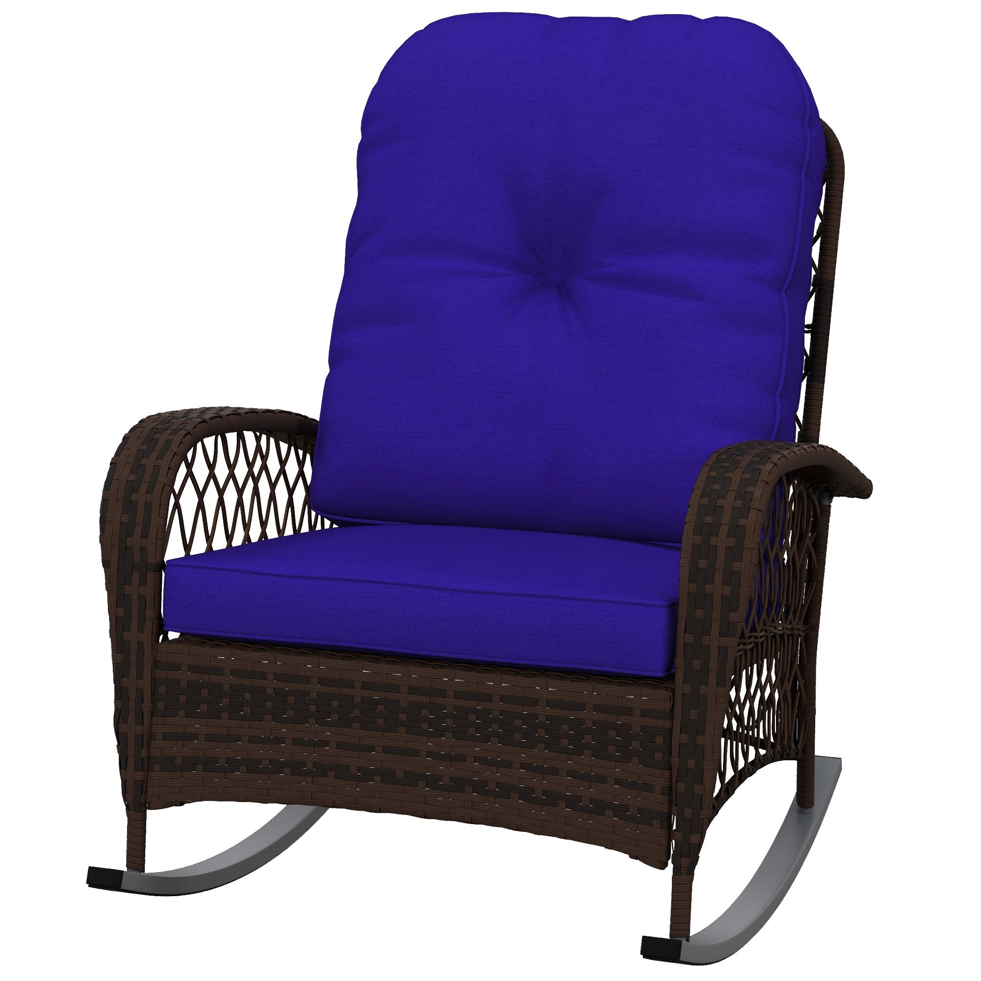 Outsunny Outdoor Wicker Rattan Rocking Chair Patio Rocker with Thick Cushions for Garden Backyard Porch, Dark Blue 