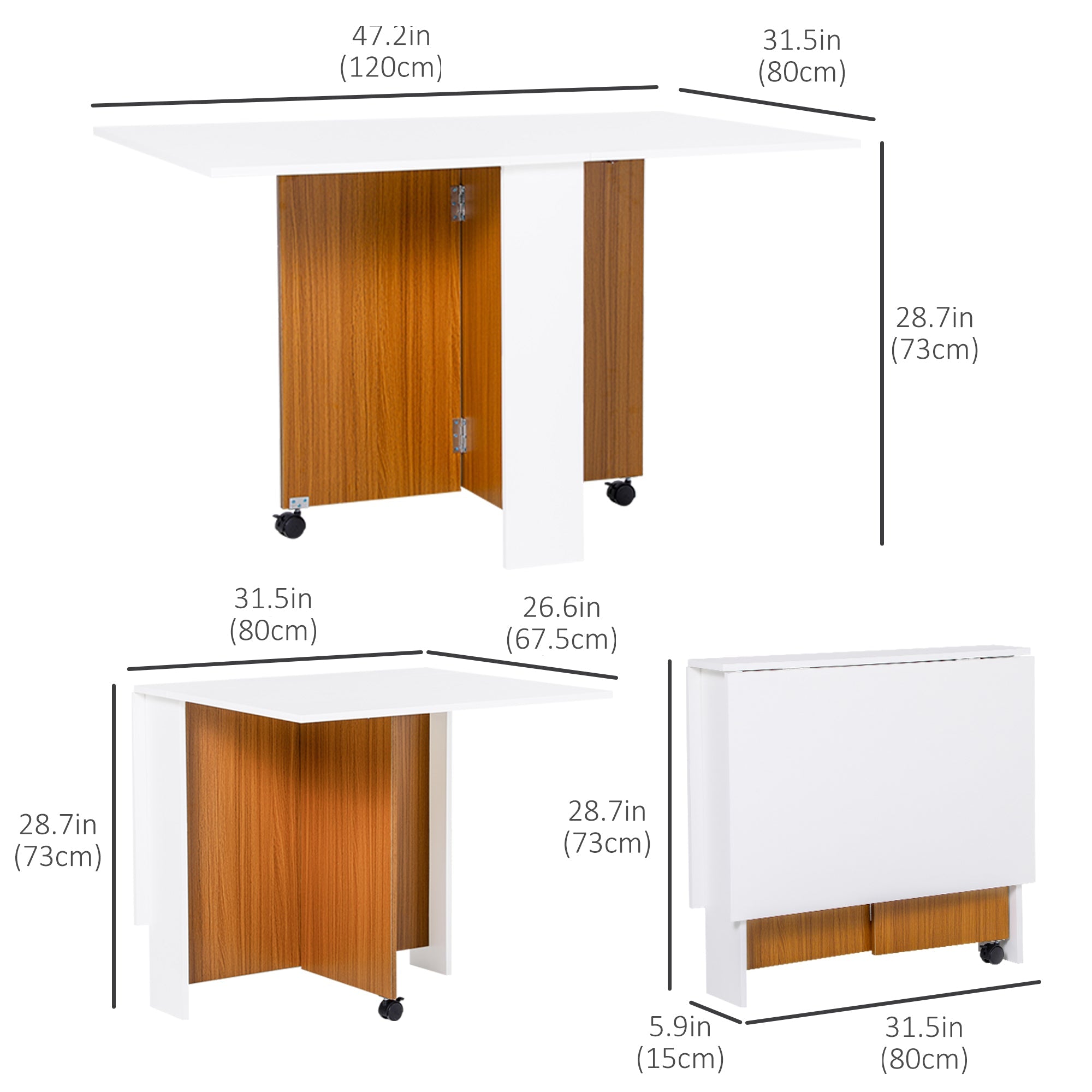 HOMCOM Foldable Teak White Dining Table Drop Leaf Console Writing Desk with Wheels for Kitchen Dining Room 