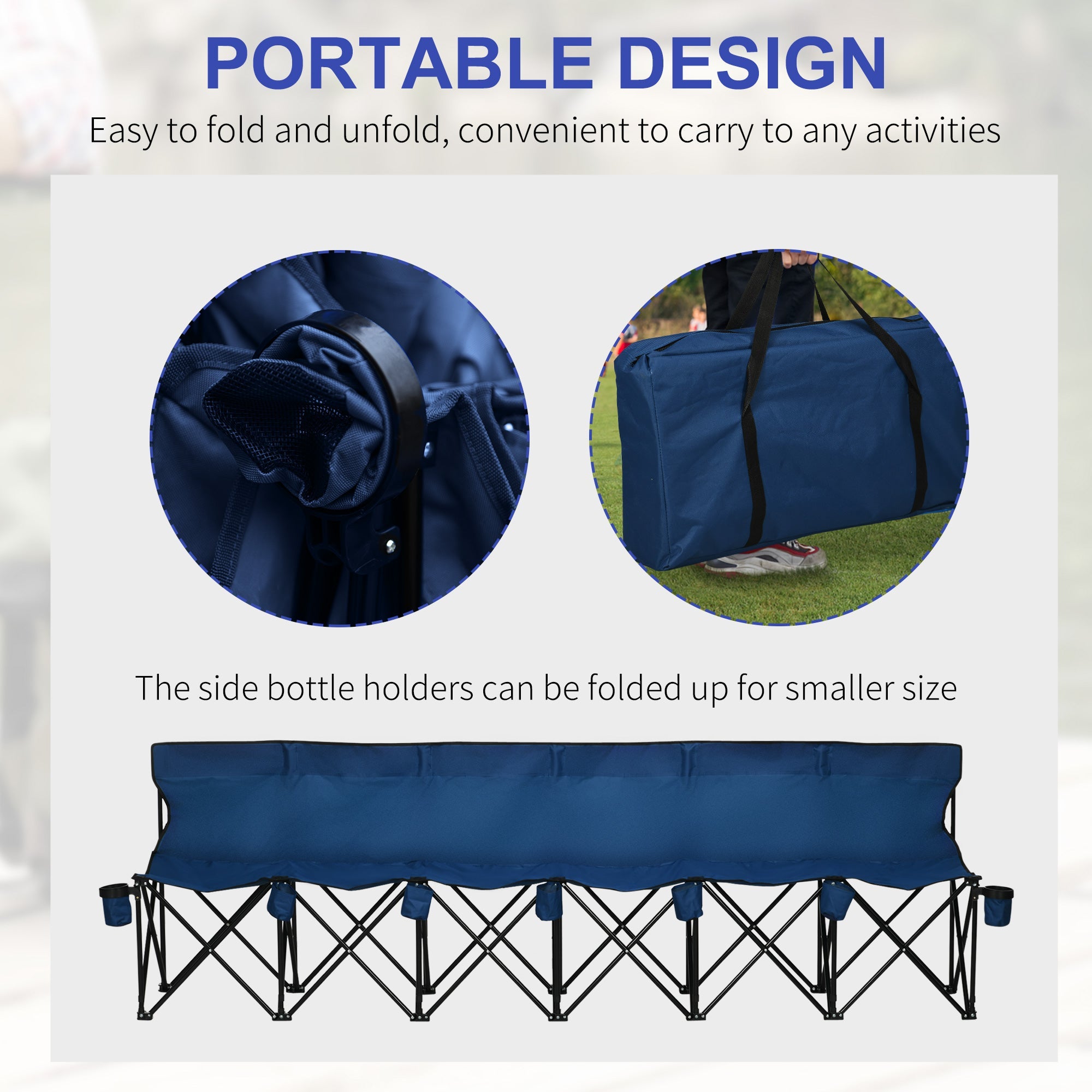 Outsunny 6 Seat Blue Sports Bench Portable Team Bench with Cup Holder and Carry Bag for Camping 
