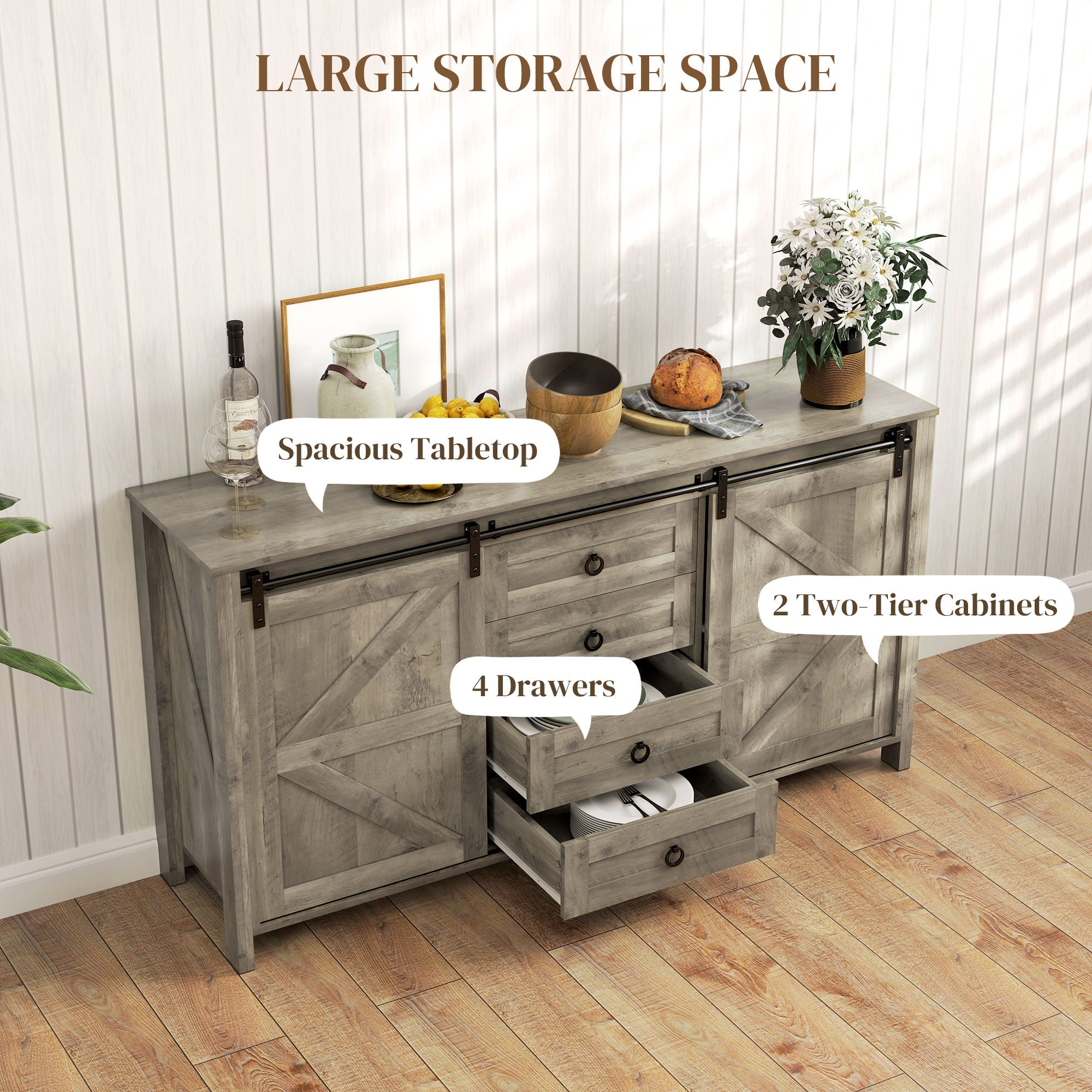 HOMCOM 60" Buffet Cabinet, Farmhouse Sideboard with Sliding Barn Doors, Drawers and Adjustable Shelves, Distressed Light Grey 