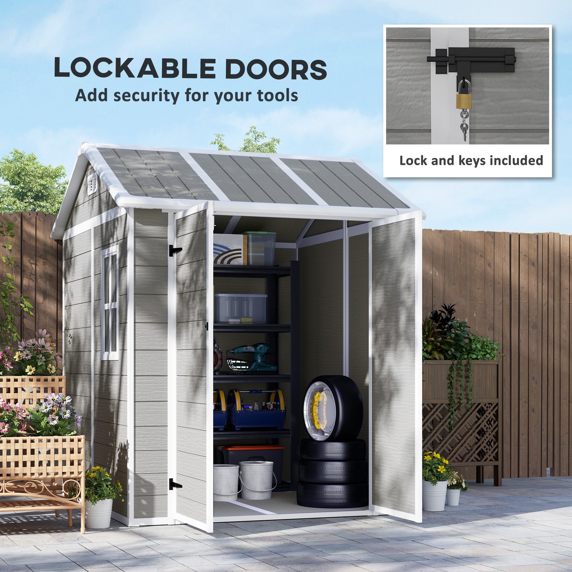 Outsunny 6' x 6' Resin Outdoor Storage Shed with Floor, Window, Lockable Doors and Vents for Backyard Patio Lawn, Grey 