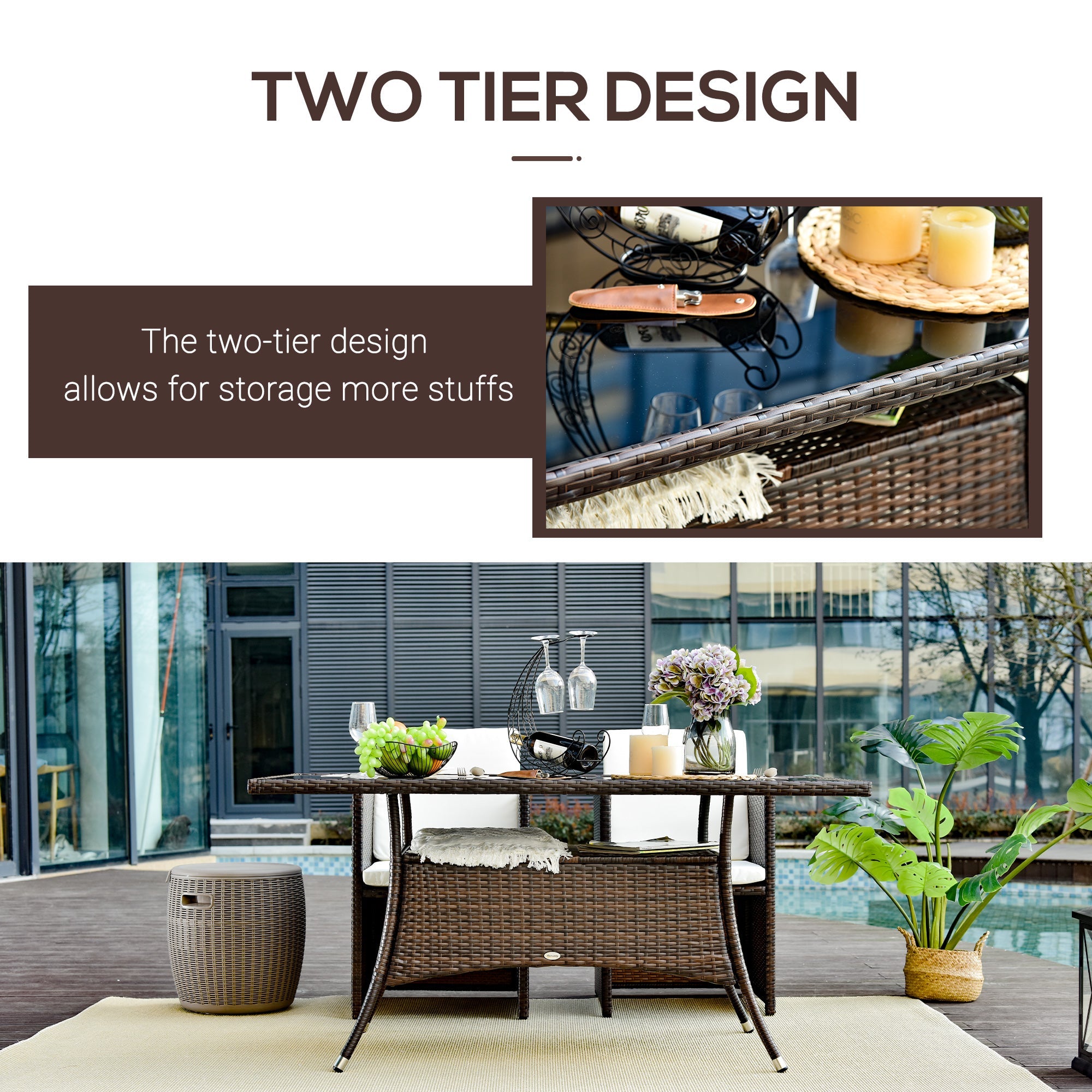 Outsunny Patio Rattan Dining Table with Glass Top Storage Shelf Yard Furniture 59"x34"x29" Brown 