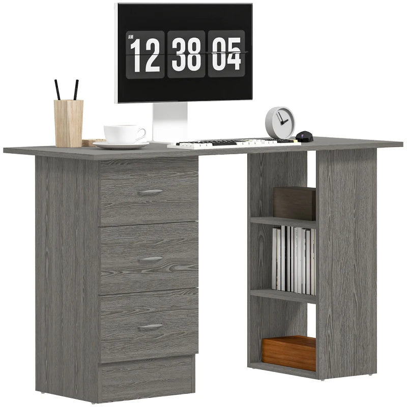 Computer Desk, 47" Writing Table with 3-Tier Shelves and 3 Reversible Drawers for Home Office, Bedroom, Grey