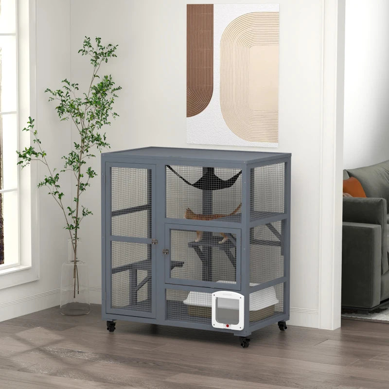 Cat Condo Wooden Indoor Cat House on Wheels with Cat Flap Door Platforms Hammock Openable Top for 2 Cats, Light Grey