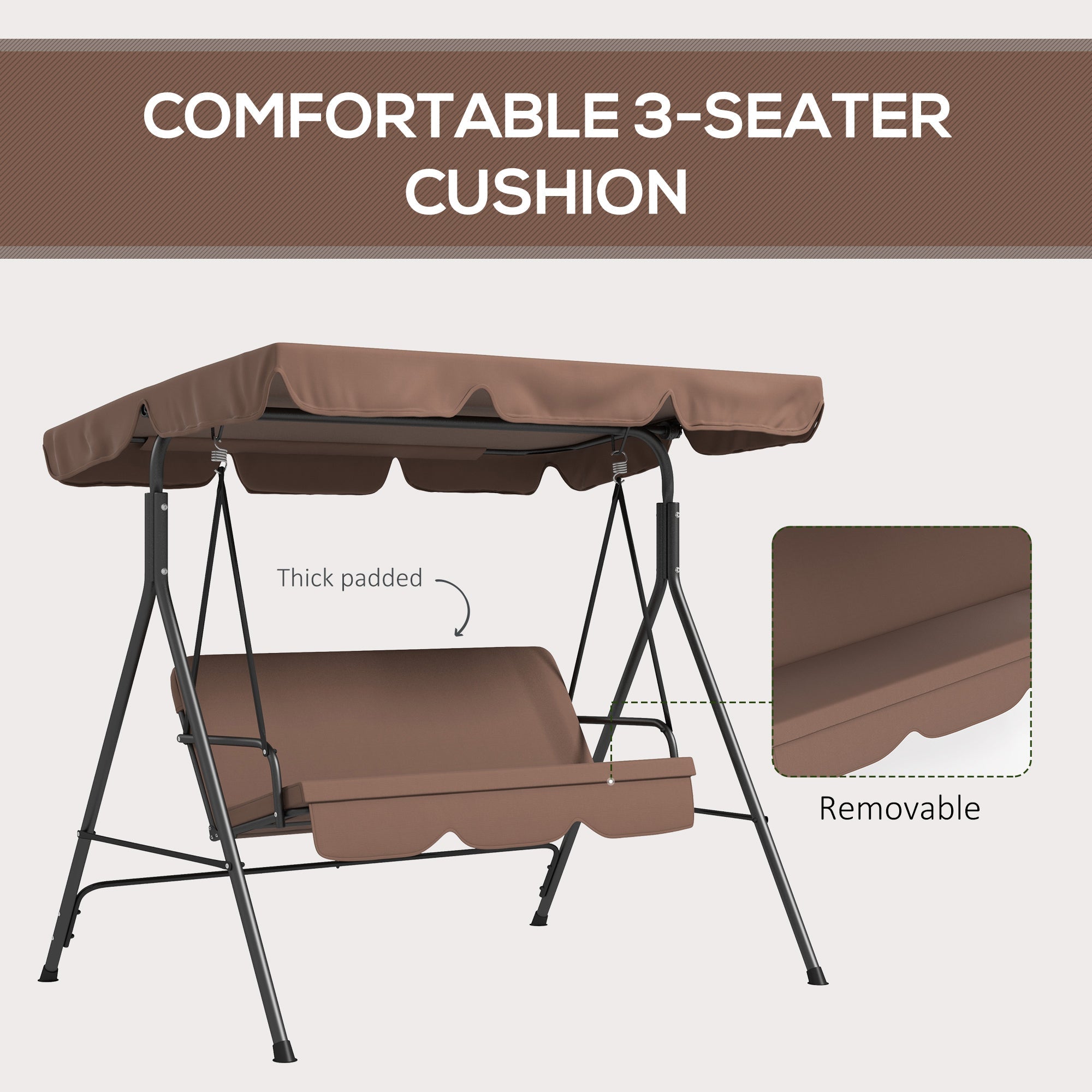 Outsunny 3-Seater Outdoor Porch Swing with Adjustable Canopy, Patio Swing Chair for Garden, Poolside, Backyard, Brown 