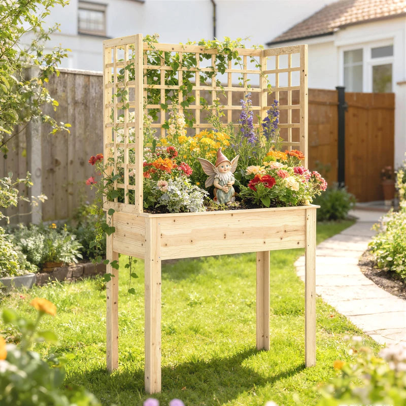 Wooden Raised Garden Bed with 3 Trellises, Outdoor Raised Planter with Drainage Holes