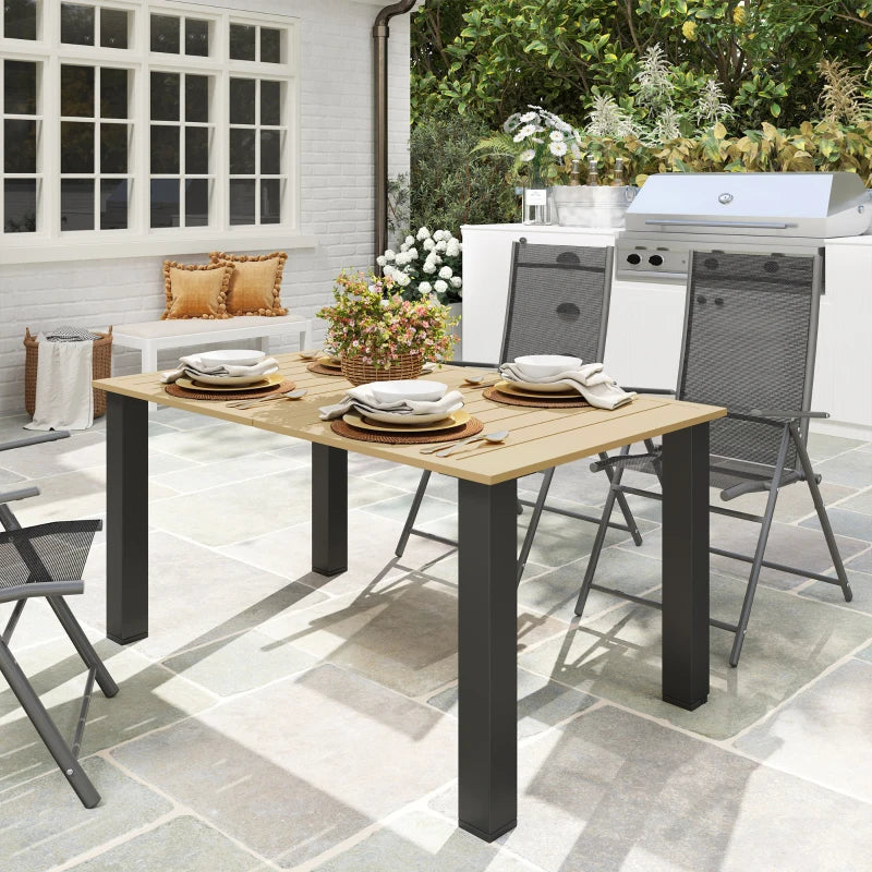 59" Outdoor Patio Table with Umbrella Hole, Outdoor Dining Table with Slatted Tabletop for Backyard Garden, Brown